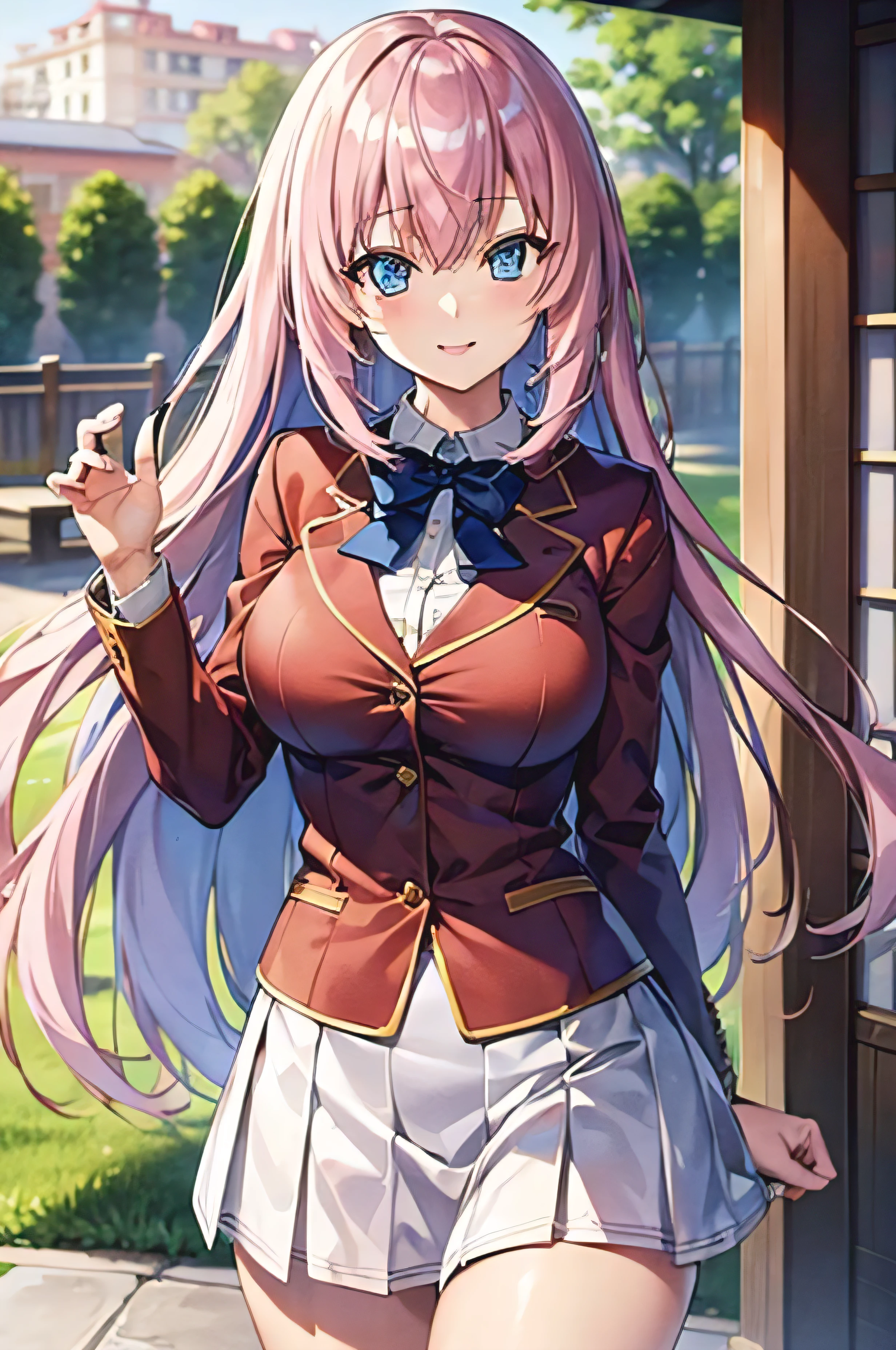 masterpiece, top-quality, Hi-Res, 1girl in, Honami Ichinose, White skirt、looking at the viewers,BREAK (masutepiece:1.2), Best Quality, High resolution, Unity 8k壁纸, (Illustration:0.8), (Beautiful detailed eyes:1.6), extra detailed face, Perfect Lighting, extremely details CG, (Perfect hands, Perfect Anatomy), A smile、outside of house、plein air、blue-sky