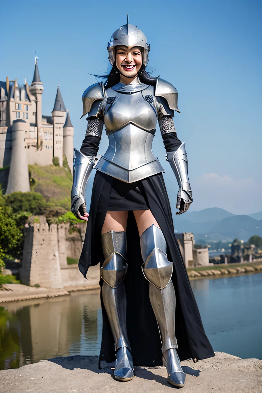 highest quality、４Ｋ、The background is a castle、slender body shape、female knight、black hair、smile、beautiful teeth、full body photo、luxurious silver armor、holding a helmet

