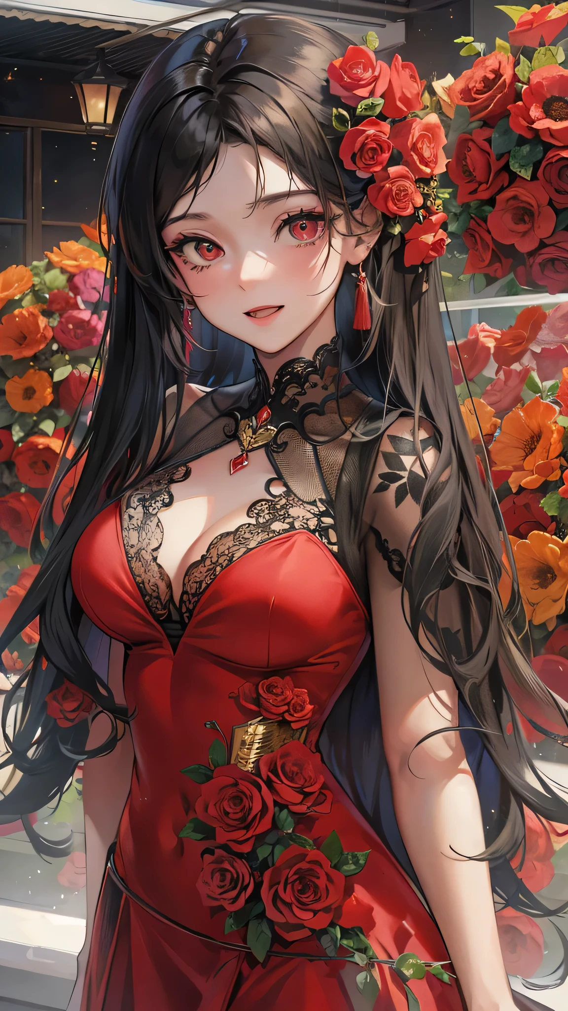 perfect anatomy, masterpiece:1.4, best quality, 8k, beautiful detailed grow, daydreaming expression, (Fashion show style) (in a Elegant and beautiful red dress) (solo straight black hair long hair femdom cute girl, 17 yo, detailed sexy red eyes, sexy smile, bigboobs), break, in the flower arrangement.