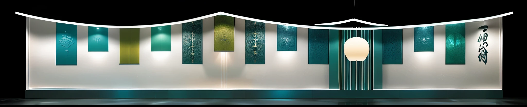 chinese booth 3d rendering, o keremeanu national festival, white walls, blue-green tones, round glass windows, traditional maori design, chinese hanging, brand logo, minimal chinese panels, ocean waves, rendered in cinema4d, miwa komatsu, print ads, high contrast shadows