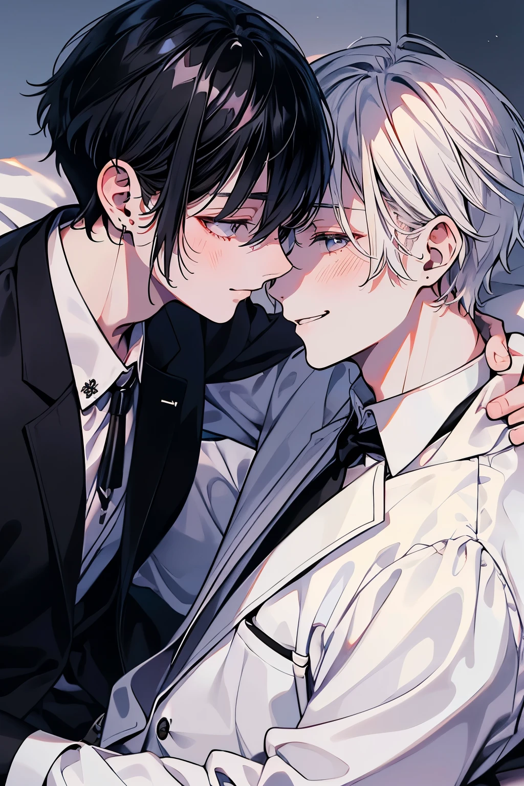 (muste piece), (best quality), very detailed, ((two men intimate)), perfect face, beautiful face, very detailed顔，(black haired man:1.3)，(white haired man:1.3)，suit，shirt，smile