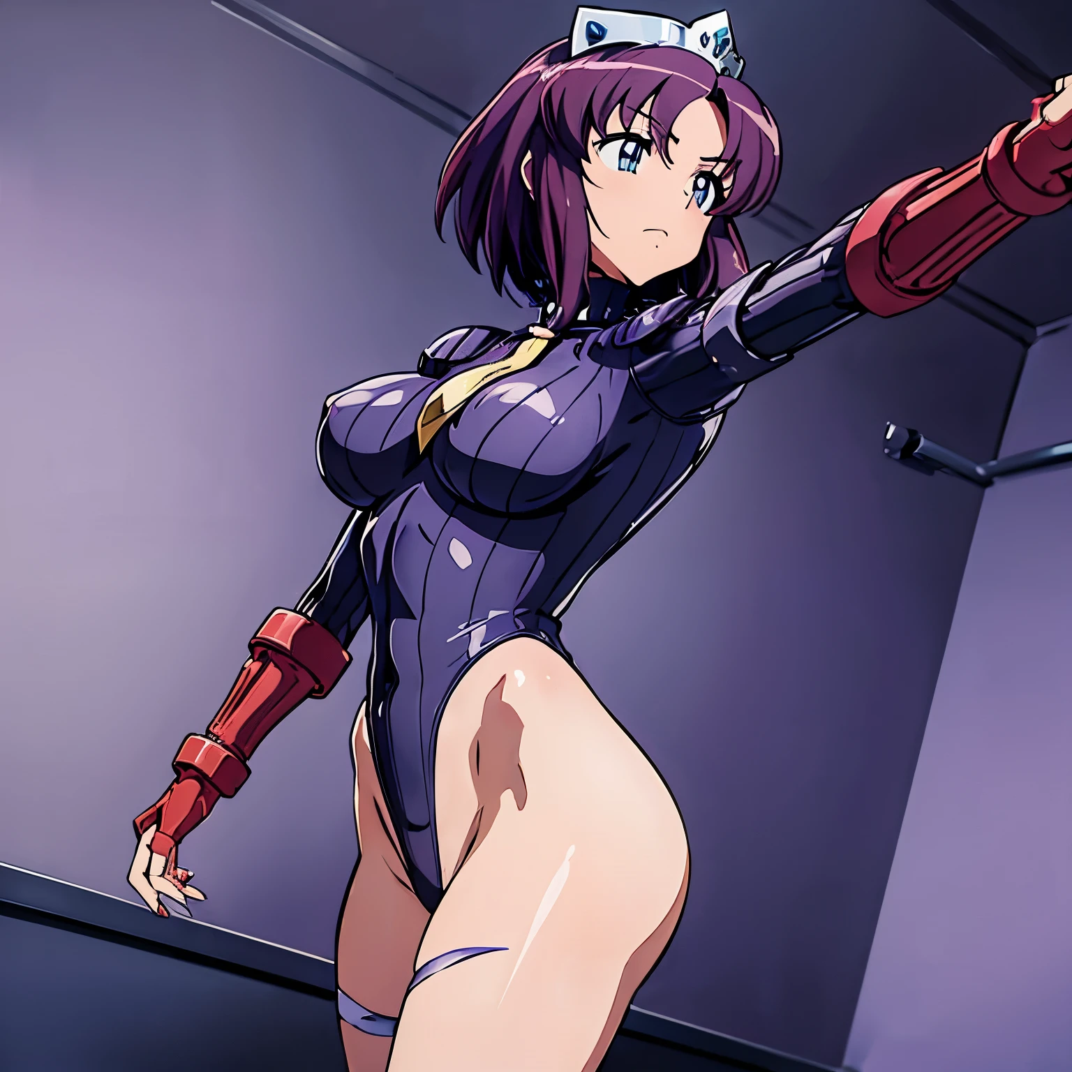 ultra-detailed, Explicit, Beautiful body, Beautiful Nose, Beautiful character design, perfect eyes, perfect face, ultra highres, 4K, beautiful legs, perfect legs, Nice hands, Perfect hand, Masterpiece, Best Quality, Highly detailed, illustration, absurdres, perfect anatomy, street fighter, doll suit, shadaloo doll, dollsuit, expressionless, blank eyes, looking at viewer, red gloves, emotionless, black latex, corruption, mind control, female combatant, full body, hypnotized, unhappy trance, full body suit, ribbed bodysuit, both arms at side, obey, perfect female body, extremely glossy latex, hypnosis, hypnoLora, empty eyes, Mind control device, poses, submissive_pose, Slave, standing straight, standing, standing at attention, hat, necktie, belt, latex, ribbed bodysuit, thigh Highs, garter belt, Fighting Stance, extending the right arm from the shoulder into the air with a straightened hand, military, thigh boots, black pantyhose, (((pixel-perfect, detail-perfect))), solo, 1girl, hair ornaments, HENRIETTA, HENRIETTA, THE FAMILIAR OF ZERO, 17_YEAR_OLD_GIRL, PURPLE_HAIR, BLUE_EYES, LARGE BREASTS, HUGE BREASTS, HENRIETTA_DE_TRISTAIN, CROWN, TIARA