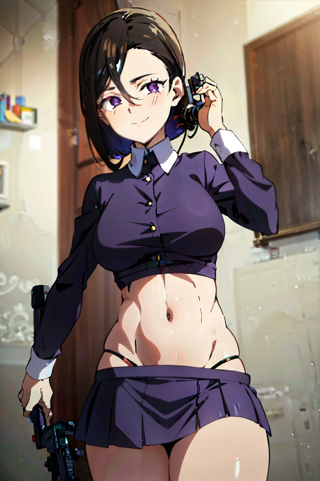 isabella, smile, black hair, purple eyes, side swept bangs, masterpiece, best quality, highly detailed, a anime girls in maid uniforms with a gun posing for a picture, maid outfit, ecchi anime style, anime girls, ecchi style, ecchi, digital anime art!!, in anime style, official artwork, visual novel cg, beautiful anime maid girl, anime style 4 k, short skirt, exposed belly, exposed navel, exposed midriff, exposed lower belly