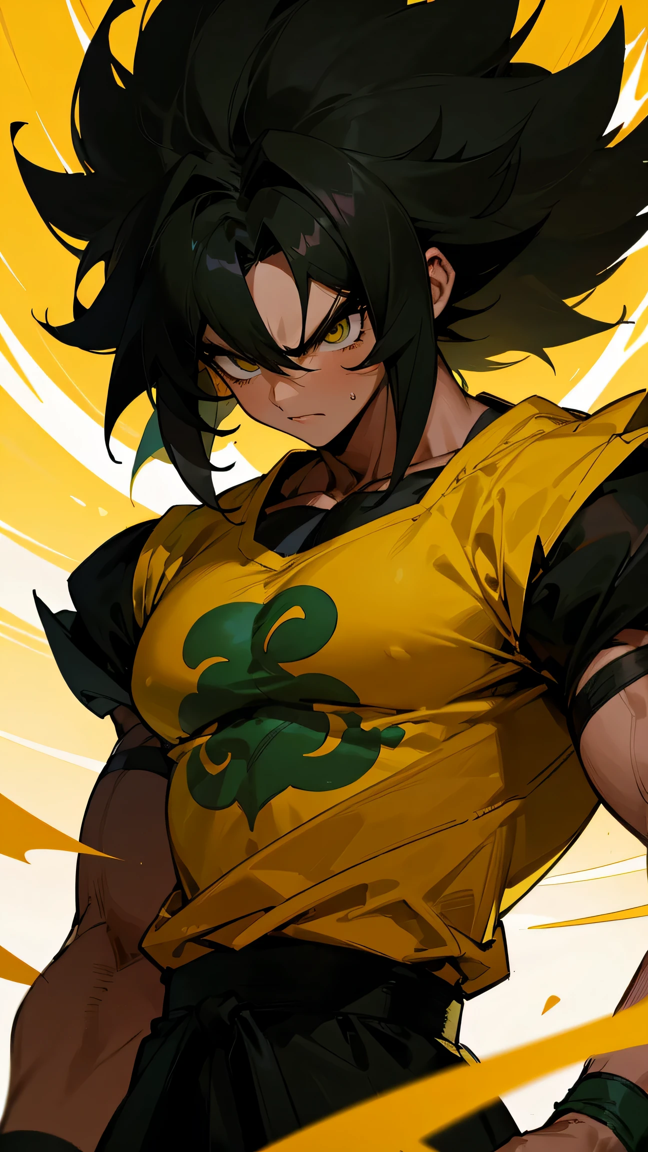 PELO NEGRO , pelo despeinado , cabello corto , Camisa negra ajustada de manga larga , mas muscular , White fur trim wristbands , Piel de animal alrededor de la cintura. , fondo del bosque , serious expression , Macho adulto , Cabello legendario Super Saiyan , pelo verde brillante , ojos verdes , angry expression