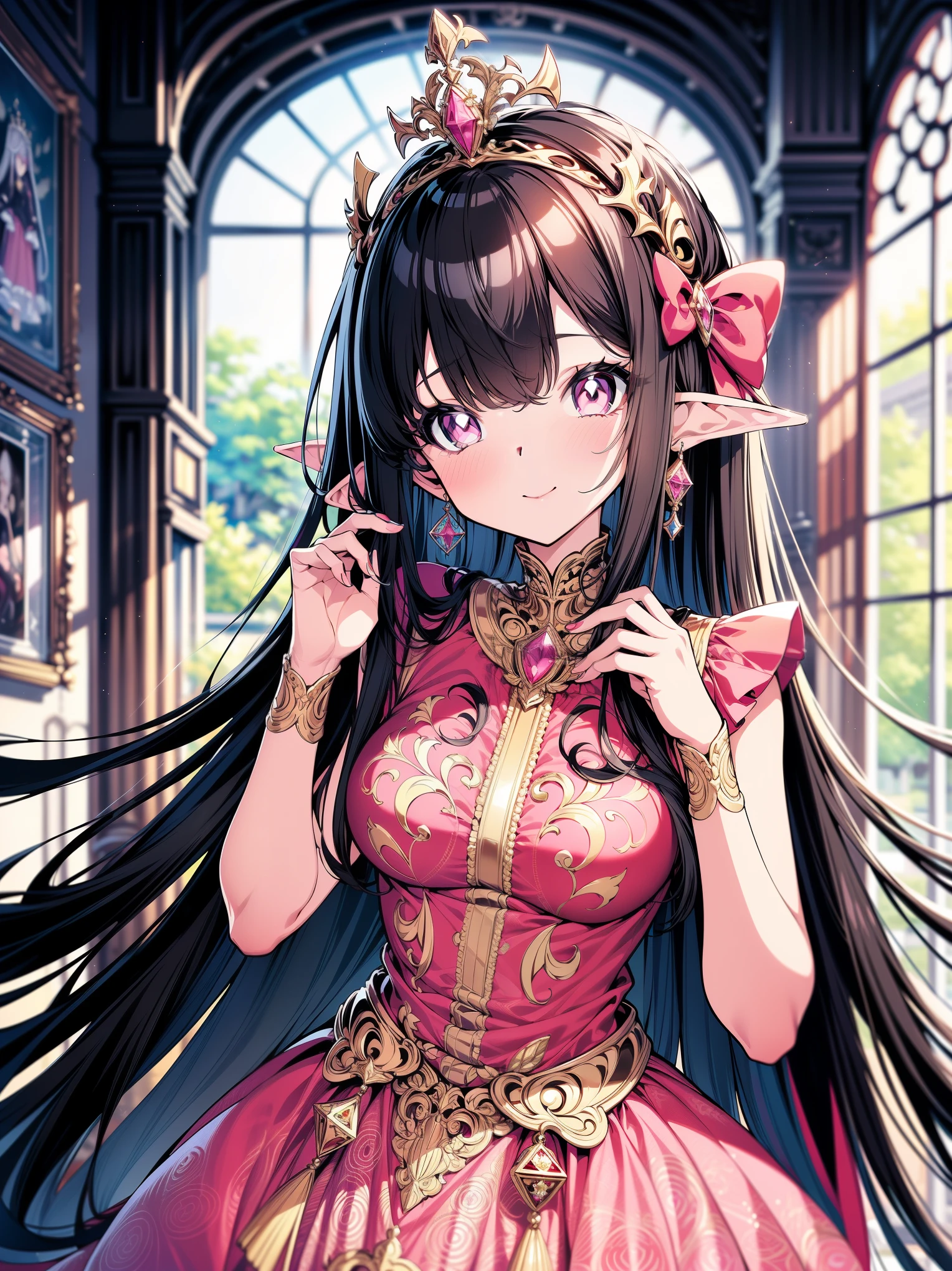 (masterpiece), (best quality, ultra-high resolution, depth of field:1.2), colorful, (perfect anatomy), Fair skin, Elf woman, pink eyes, black hair in a hime hairstyle, long hair, pink bow, gold earrings, medium breasts, (wearing an intricate gown), frills, (wearing a mantle), tiara, castle hall scenery, gentle smile, glowing