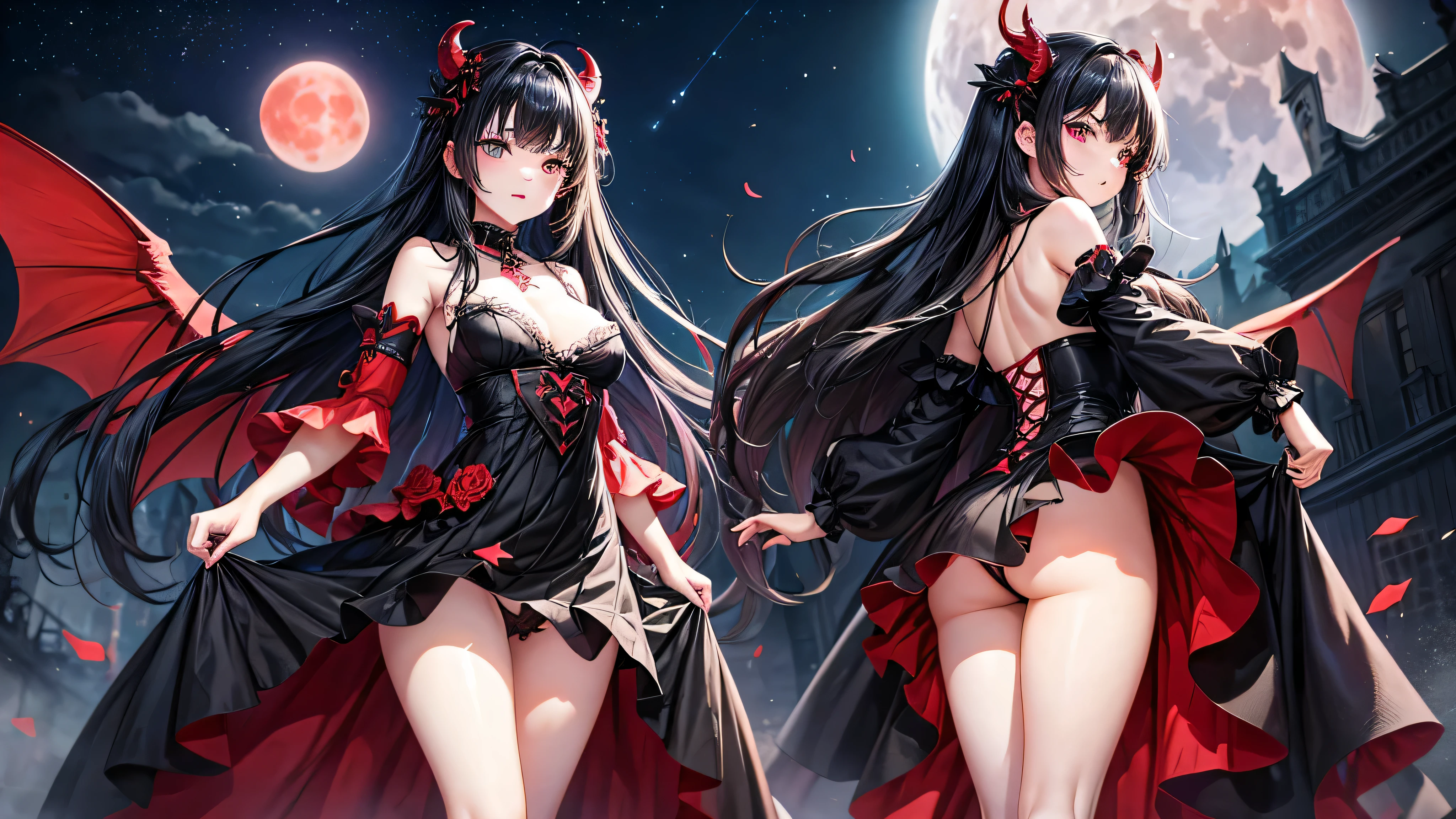 very cute devil and angel、Girls aged 11 to 16(3 people)、black hair almost blue、red eyes、(Breast size according to age)、standing position、full body shot、black gorgeous dress、not wearing panties、background starry sky、Red Moon、