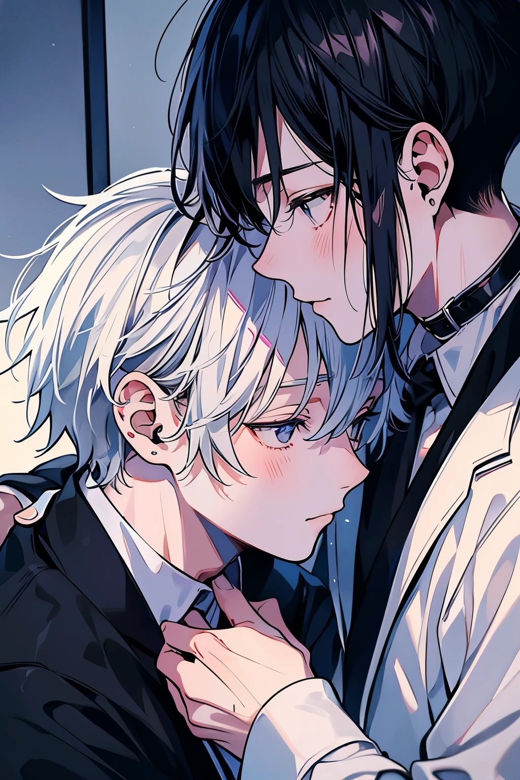 (muste piece), (best quality), very detailed, ((two men intimate)), perfect face, beautiful face, very detailed顔,(black haired man:1.3),(white haired man:1.3),suit,shirt
