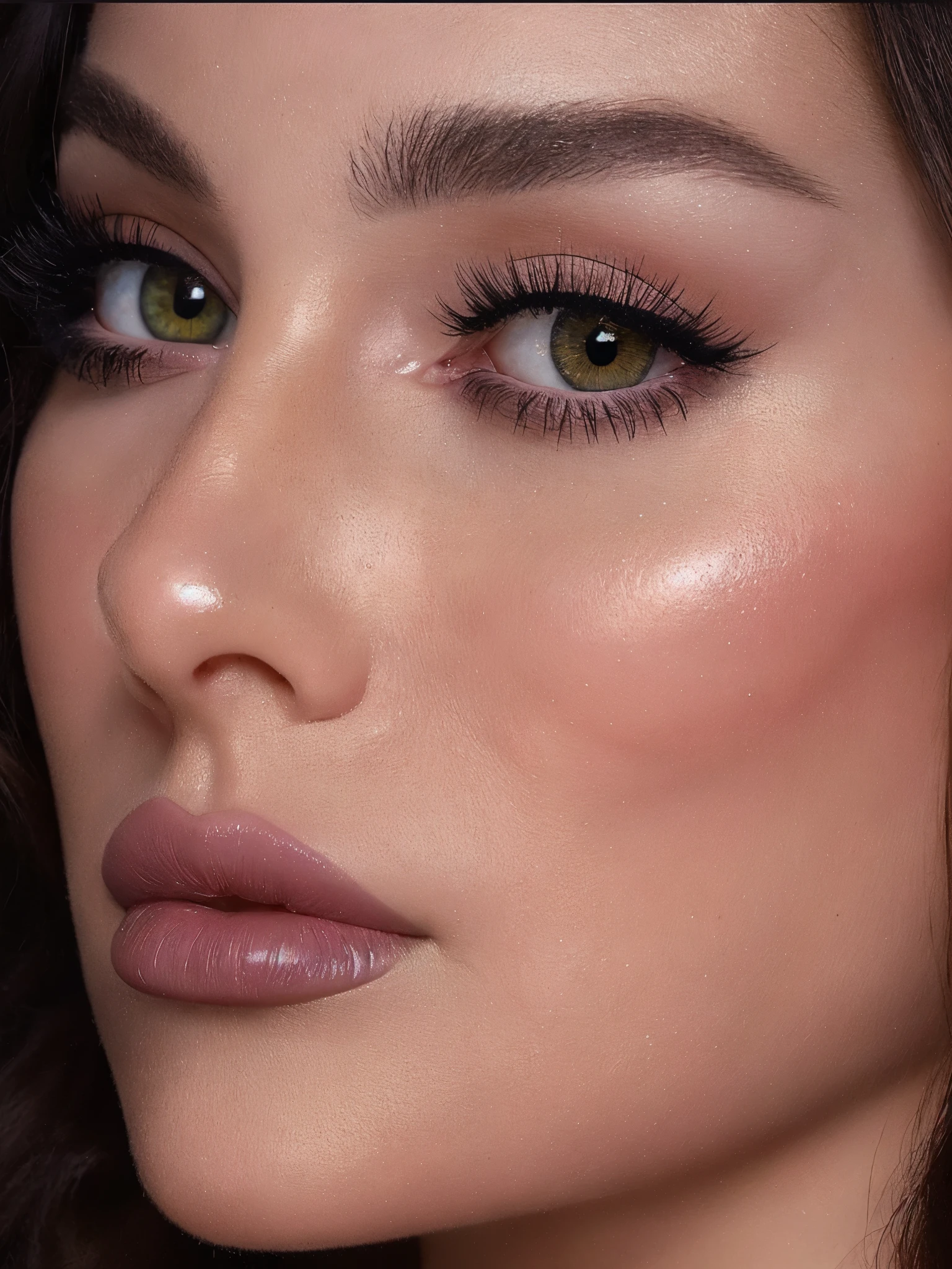 un primer plano de una mujer con ojos marrones y labios rosados, cara sexy con maquillaje completo, mirada sensual, maquillaje sutil, smoothed lip line, maquillaje ligero, rostro impecable y detallado, rostro detallado y perfecto, mirada de la hora dorada, maquillaje suave, Asymmetrical face, rostro ricamente definido, con hermosos ojos detallados, rostro perfectamente iluminado, sombreado perfecto