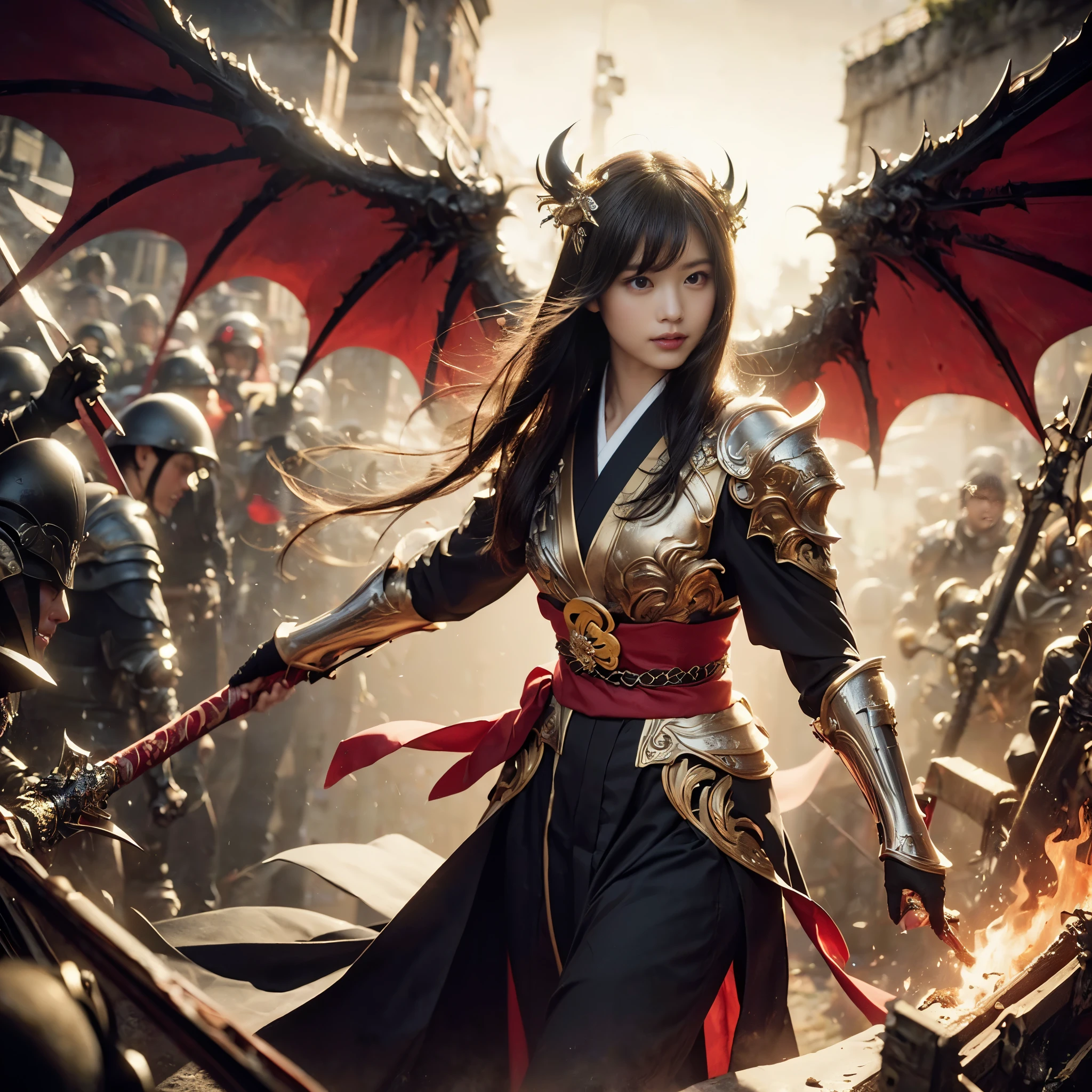 (((Realistic, masterpiece, best quality, crisp detail, high definition, high detail, very rich detail, sharp focus, sharp detail, colorful, perfect studio lightning))), ((20 years old goddess, kasumi arimura, flying, floating)),(((in the middle of war, epic war scene))), wearing (((beautiful decorated golden heavy armor, dragon armor, decorated full body armor, fully armored beautiful kimono, wide golden wings))), (flying, floating, attack stance, holding fantasy weapon, blood scattered face, blood tears, blood bath, blood shed), (((fire everywhere, blood everywhere, death everywhere, japan bakumatsu period, dead bodies,carcass,burned japanese castle,hellish,chaos)) traditional village background)