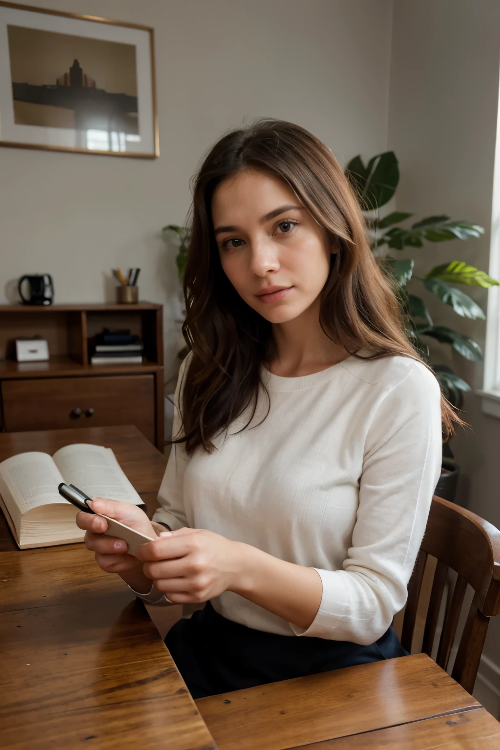 (Best quality, Ultra detailed: 1.1), Photography of women working in a cozy and aesthetically pleasing home office, (Skillful hands at work: 0.9), Two women, dressed in casual working attire, focused expressions, intense concentration, (Natural light filtering in: 0.6), Classic wooden desk, open books, stationery, notebooks, pens, (Detailed facial features: 1.3), Colors muted but vibrant, (Mid-shot: 1.4), Emphasis on the women's workspaces and tools, (Homey and welcoming: 1), Artfully arranged objects, plants,