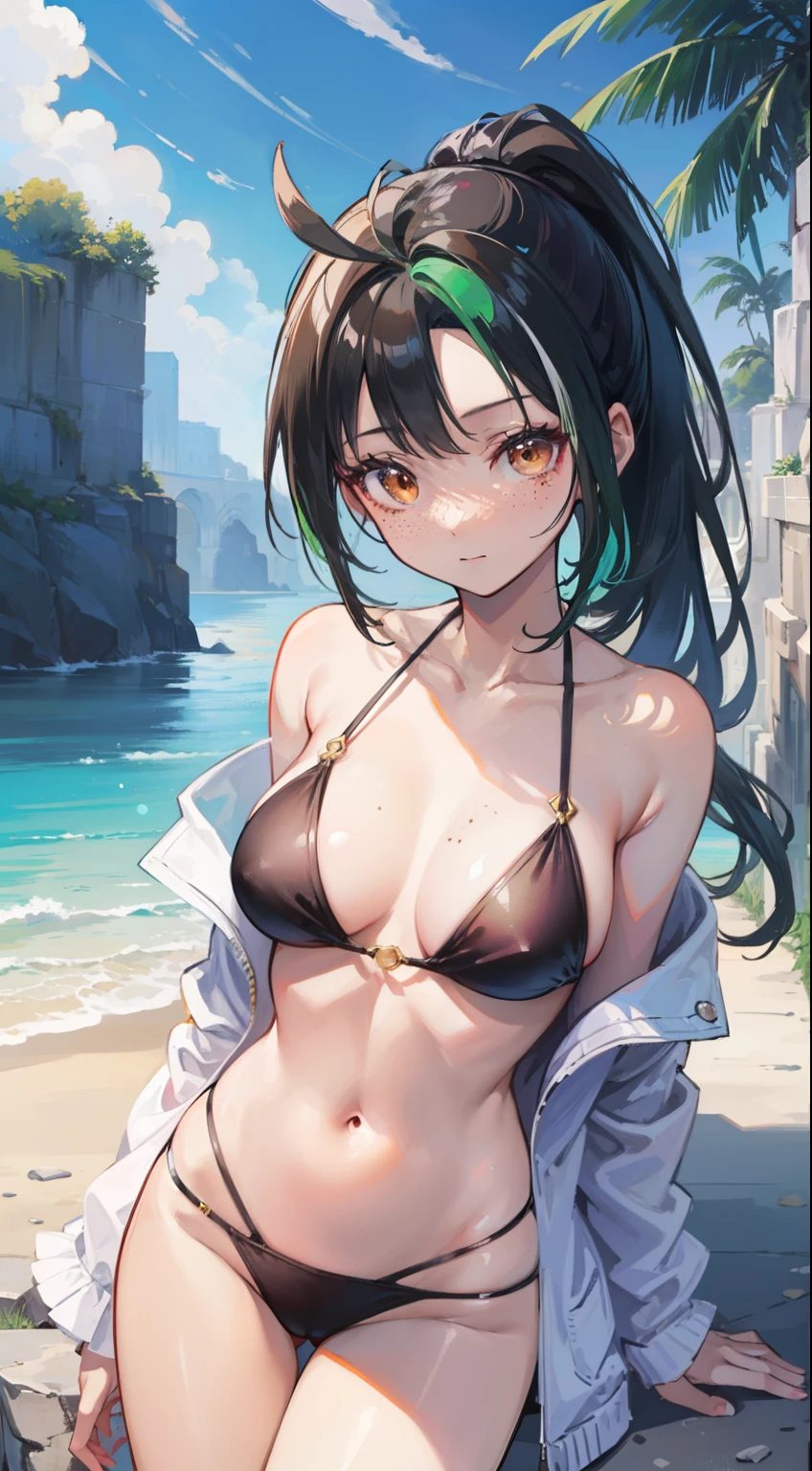 top-quality、Masterpiece、1girl in、The bikini、Female sexy、With a nasty body、Cute anime illustration、Nemona, brown eyes, black hair, ponytail, brown skin, green streak in side bangs, freckles,