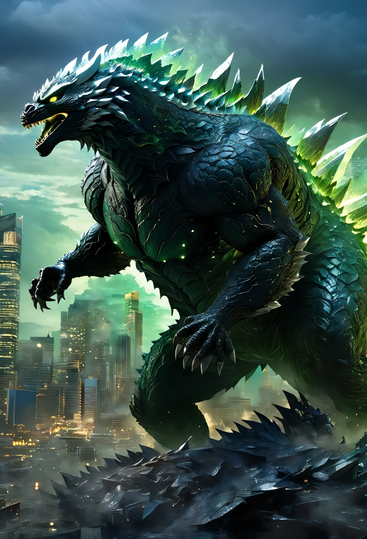 (Full focus:1.5), (full body:1.5), (Dark green giant Godzilla, destroying the city with buildings:1.5, fantasy, dynamic pose:1.3 cinematic lighting, glow, framed, character chart, reference sheet, HD ,masterpiece,Textured skin,Super detail,high details,Textured skin,high details,high quality,Awarded,Best quality,high resolution,32k