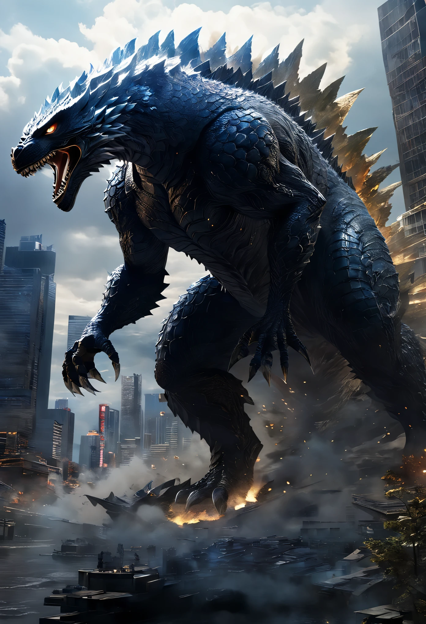 (Full Focus:1.5), (Full Body:1.5), (Giant Godzilla Destroying City with Buildings:1.5, Fantasy, Dynamic Pose:1.3 Cinematic Lighting, Shine, Framed, Character Chart, Cheat Sheet, HD, Masterpiece , Textured skin, Super detail, high details, Textured skin, high details, high quality, Award-winning, Best quality, high resolution, 32k