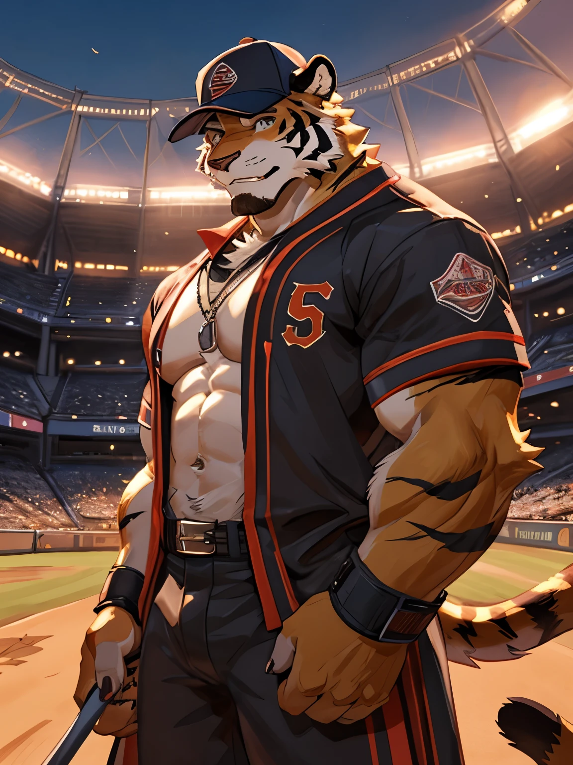 Male, muscular, tiger, baseball cap, bara, baseball uniform, stadium background, good looking, ripped, big muscles,