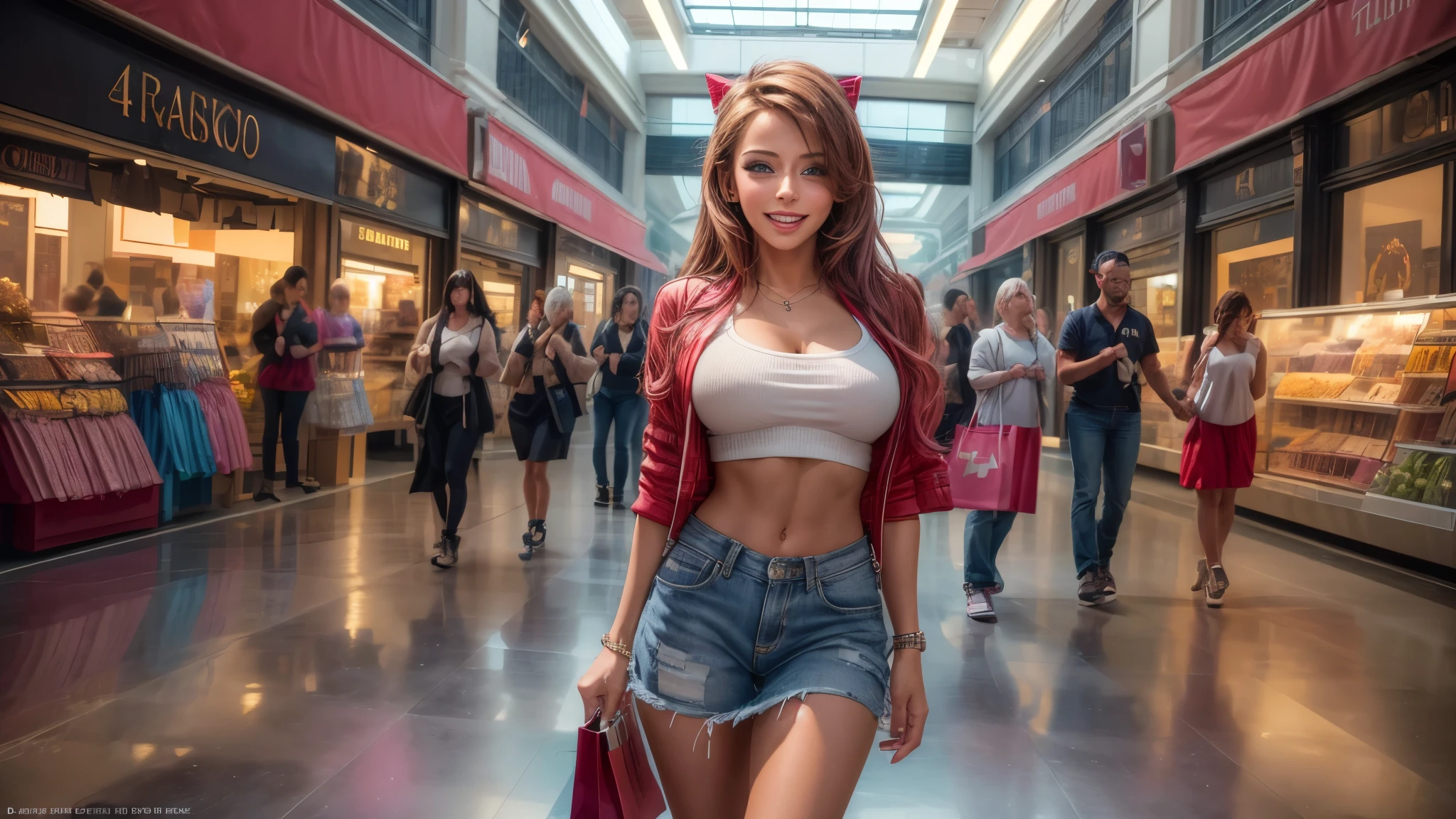 (best quality,4k,8k,highres,masterpiece:1.2),ultra-detailed, College Girl shopping in a mall, strutting her stuff, Smiling and laughing, Flirting with the viewer, HDR, 8k, absurdres, cinestill 800, sharp focus, add_detail:3 (solo woman) Madisonivyquiron woman