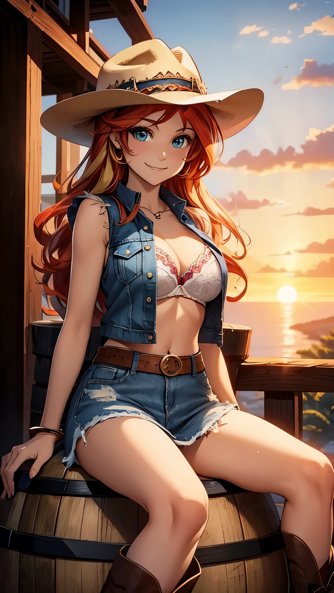 sunset shimmer naked, wearing a cowboy hat, denim vest, denim skirt, cowboy boots, nipples, breasts, smiling, sitting on a barrel