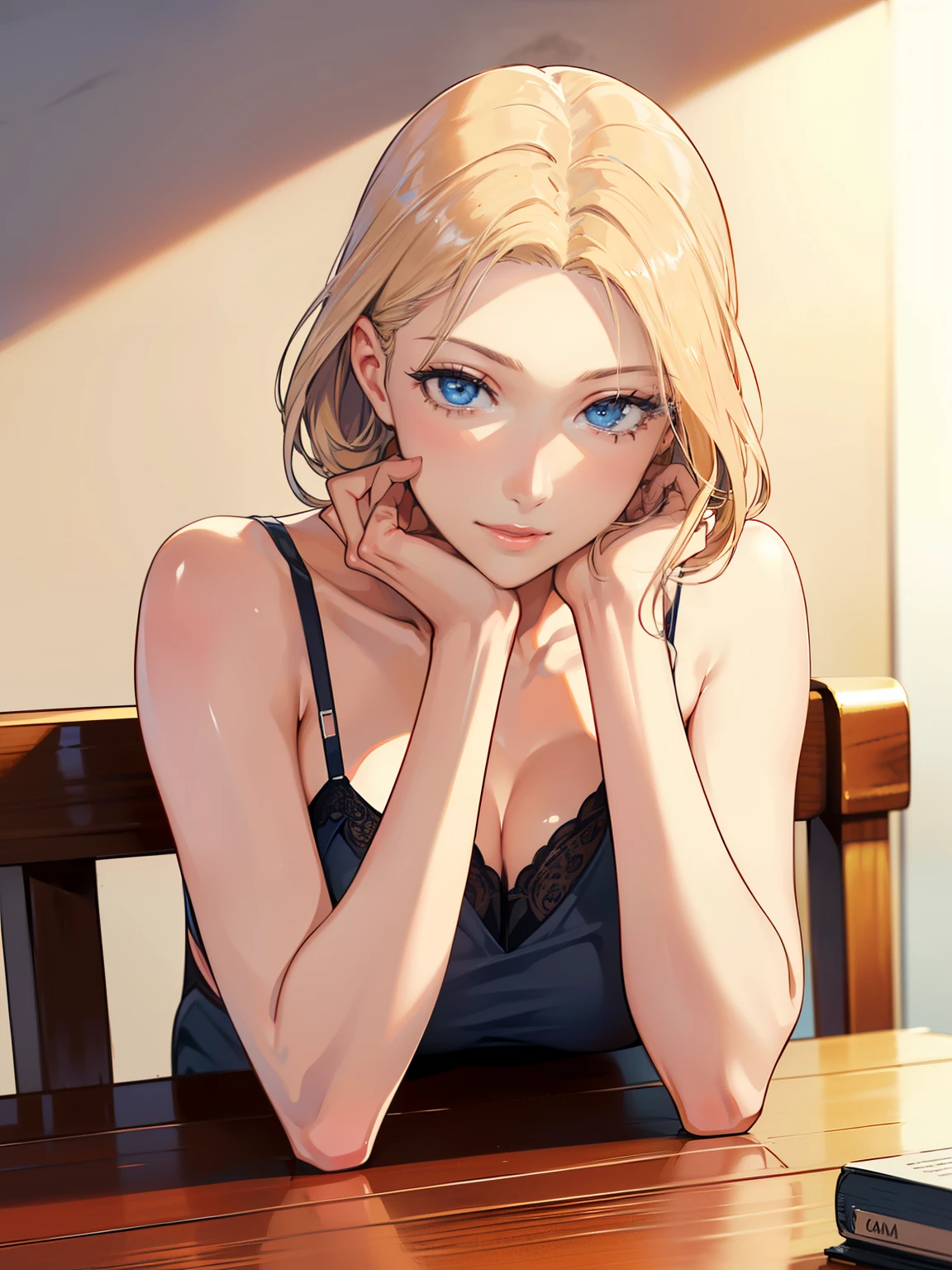 ((alone, 1 girl)), ((break , camisole )), (smile), manner, big breasts、break looking at viewer, break indoors, ((sitting at the table, crushed on the table)), (((face focus, close up of face, attractive face))), beautiful face, ((put your hand on your chin)) break (masterpiece:1.2), highest quality, High resolution, unity 8k wallpaper, (shape:0.8), (((upper body only, upper body shot))), (beautiful and detailed eyes:1.6), highly detailed face, perfect lighting, Very detailed CG, ((perfect hands, perfect anatomy)),((hand cover ))