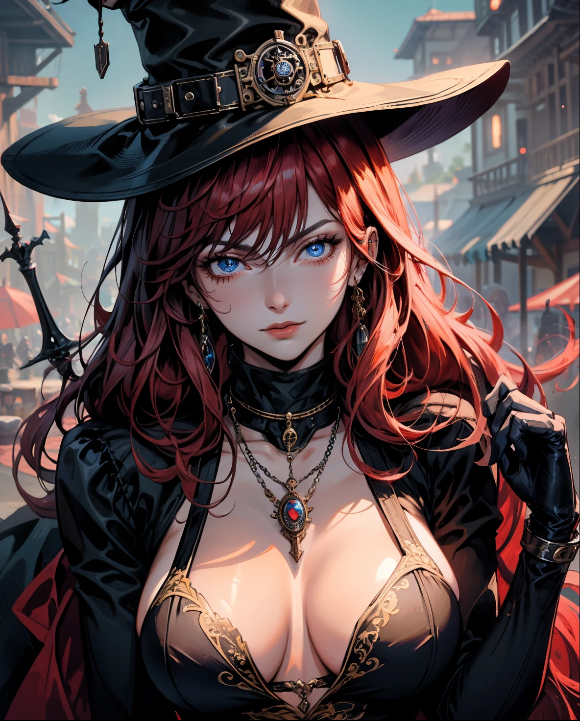  Lady of Alafed – Steampunk costume and hat pose, steampunk beautiful anime woman, red hair, blue eyes, sword, sexy, big breast 