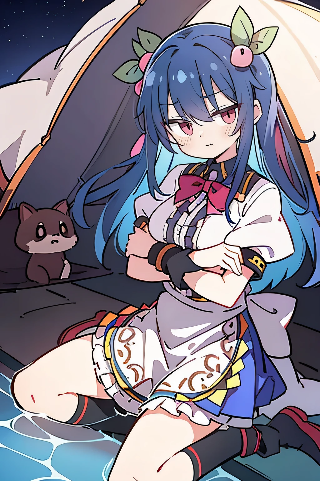 (masterpiece),best quality, expressive eyes, perfect face,sit, sit on ground, Legs on the ground, 1girl,
Big breasts, H cup, Good breasts, crossed arms, fair, Gorgeous,Japanese cartoons,girl,lola,Hina Angel, blue hair, blue haired,tent , tent chest, tent breast, floating clothes