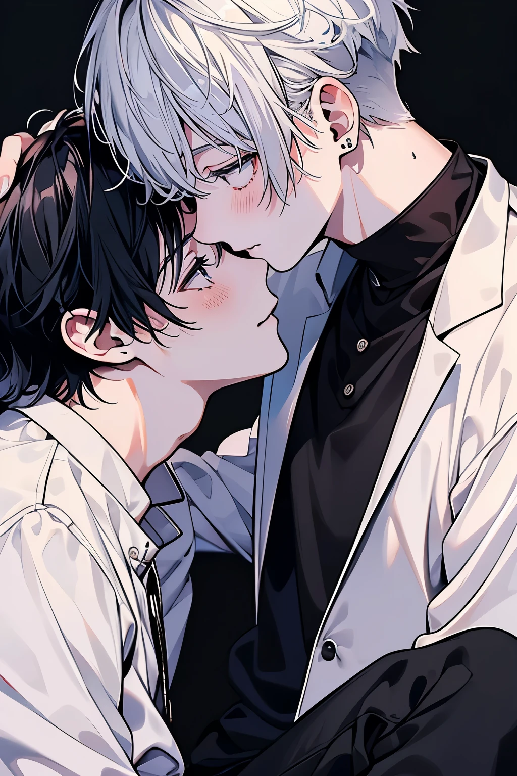 (muste piece), (best quality), very detailed, ((two men intimate)), perfect face, beautiful face, very detailed顔,(black haired man:1.3),(white haired man:1.3),suit,shirt
