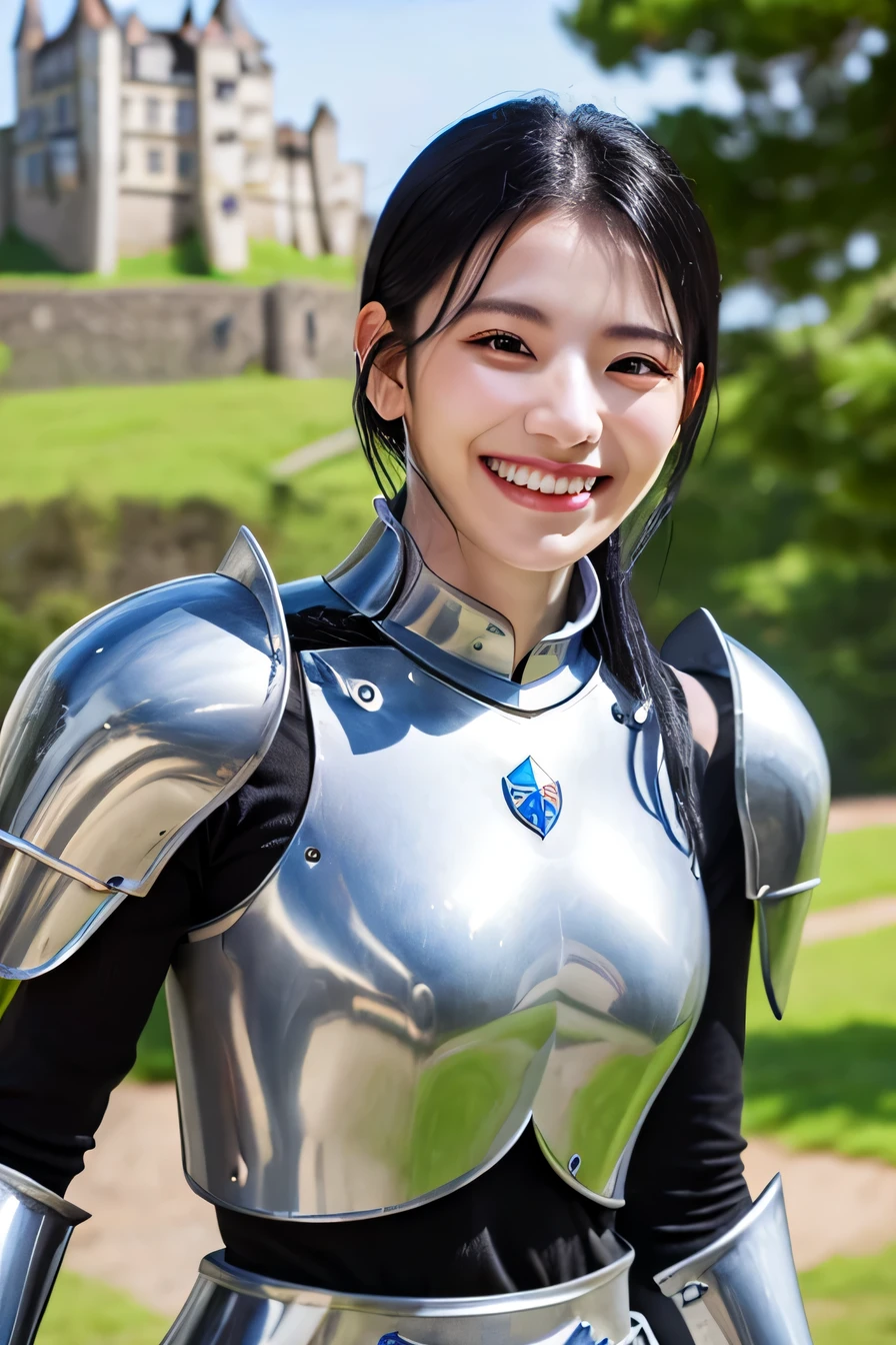 highest quality、４Ｋ、The background is a castle、slender body shape、female knight、black hair、smile、beautiful teeth、ear piercing、full body photo、luxurious silver armor、

