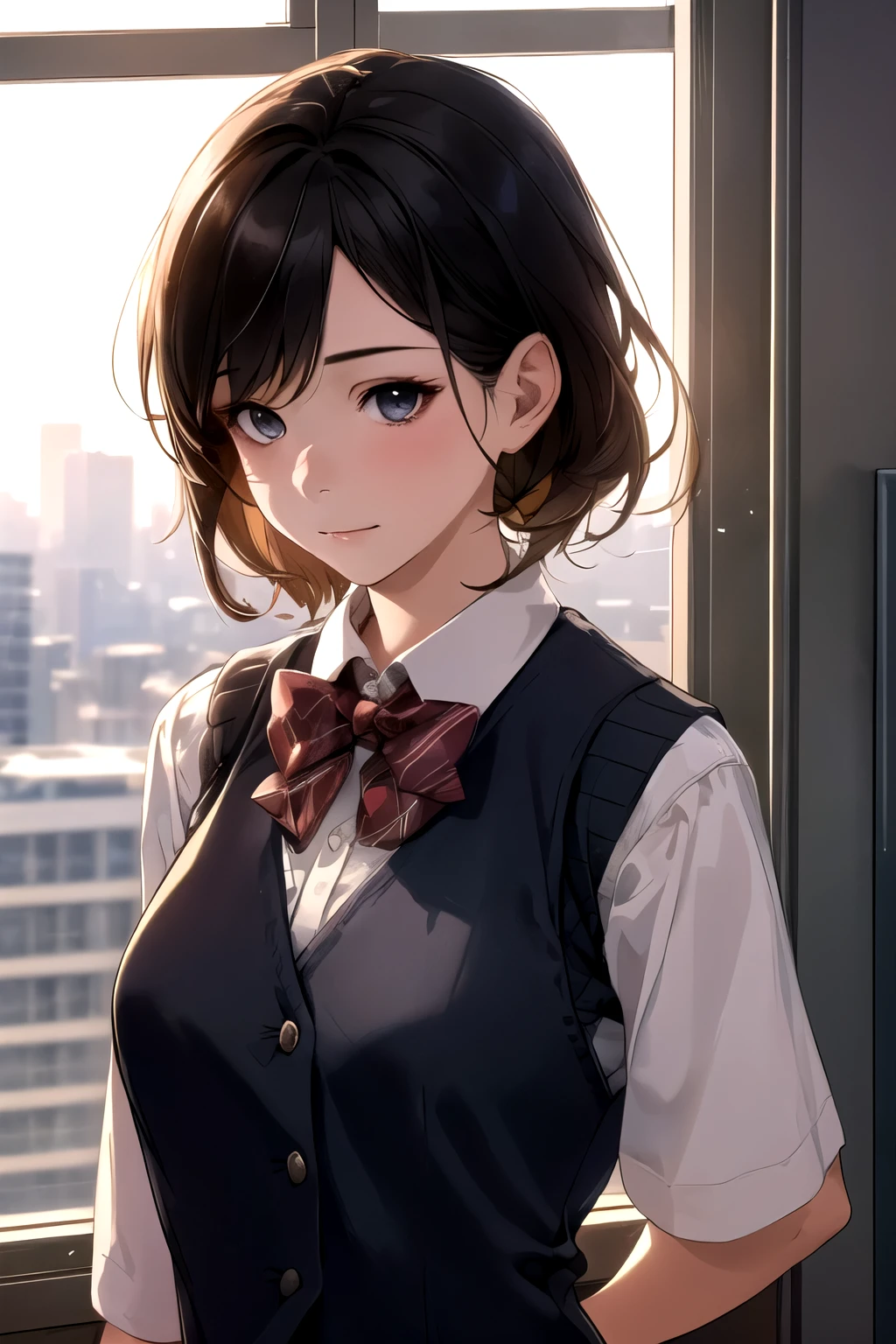 1girl, matured female, vest, bow, best quality, hires, detailed face, office, buildings from window, detailed background, diffused sunlight, depth of field, bokeh