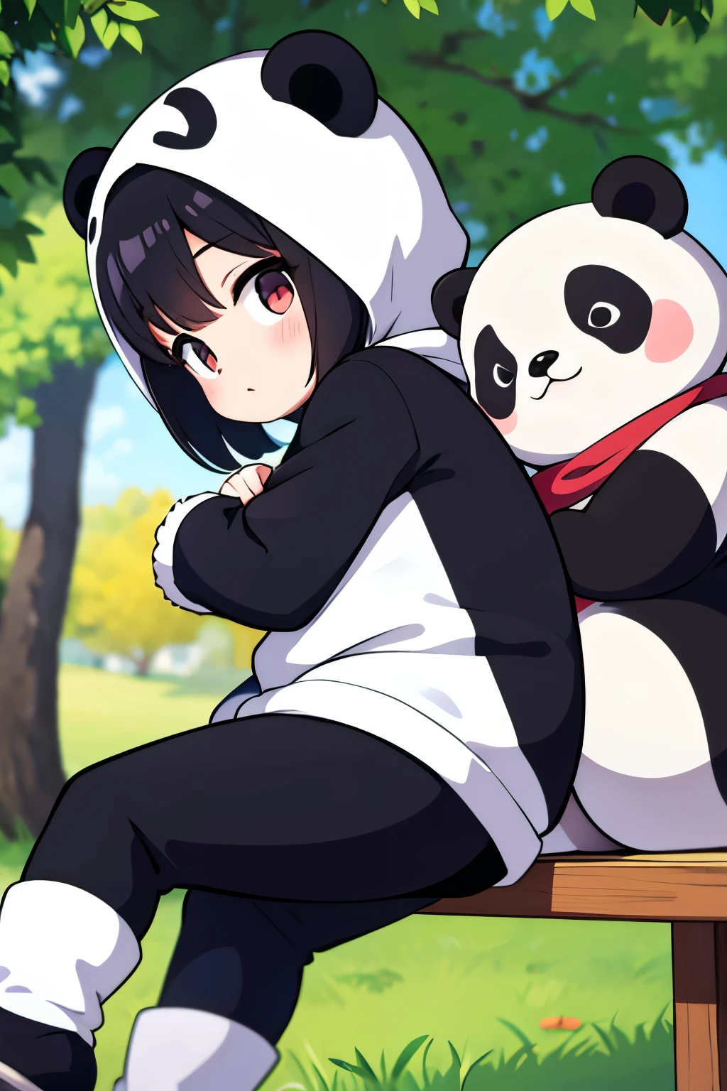 anime、A wearing a panda costume、cute pose、Take a photo from the side