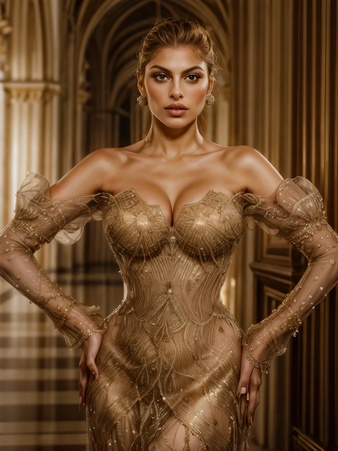 eine Frau (Eva Mendes) in einem goldenen Kleid, posing for a photo, extravagantes Kleid, Diamant schimmerndes Kleid, inspiriert von Farid Mansour, kompliziertes Kleid, dressed beautiful dress, Atemberaubend elegant, Kompliziertes Kleid, Fesselnd und verlockend, an Kompliziertes Kleid, von Lena Alexander, long luxurious kompliziertes Kleid, tief ausgeschnittenes Kleid, Lovely Small Breasts, Atemberaubende Frau, Seductive, voluptuous look, Frau begierig nach Sex