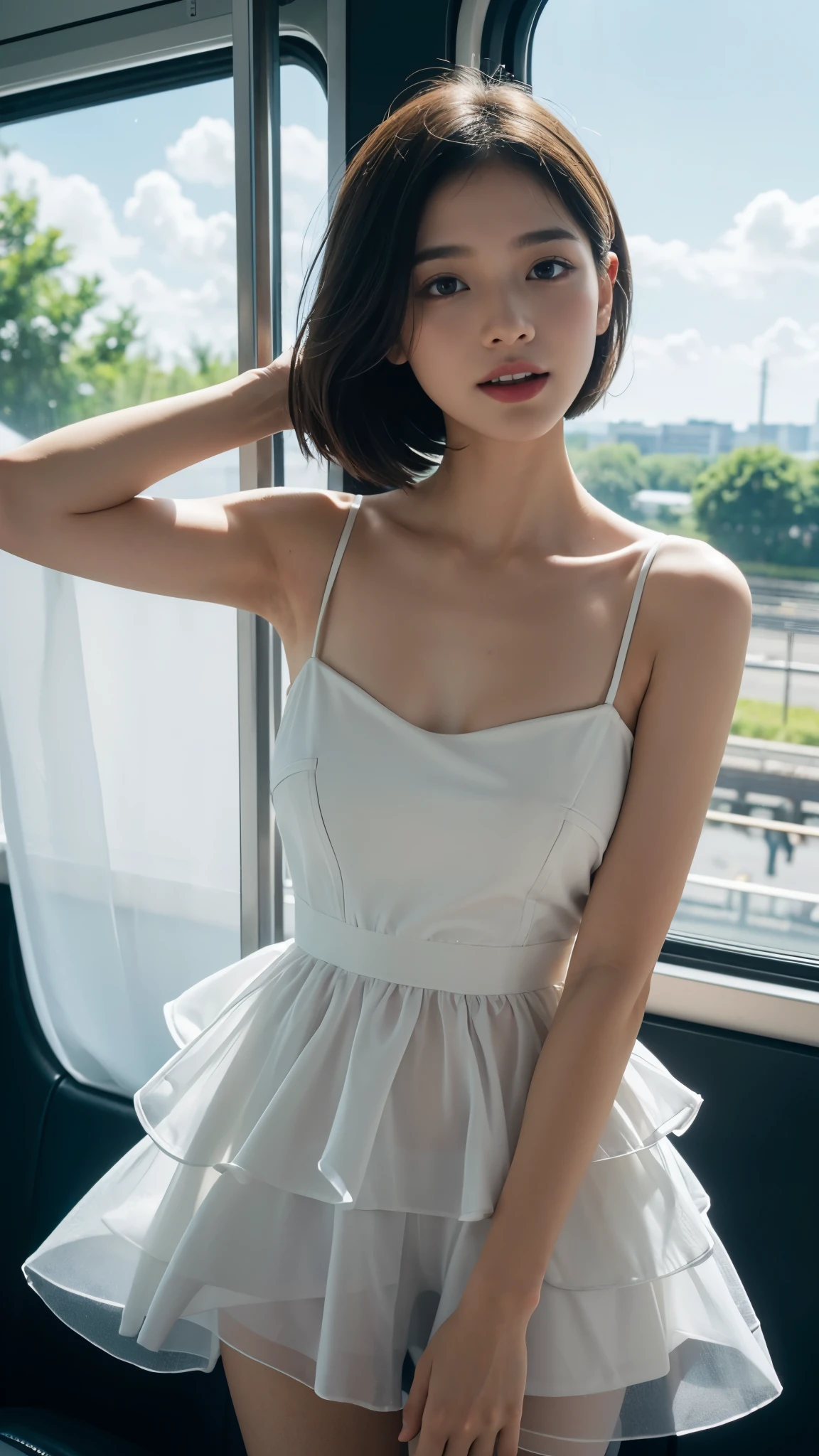 ((best quality, 8 thousand, masterpiece:1.3)), Concentrate upon: 1.2, bee waist, perfect body beauty: 1.4, ((layered haircut:1.2)), (raceway), Highly detailed face and skin texture, White skin, whole body, Looking at it, the gap is big., big bust, volume, laugh, pretty teeth, sweet, blue sky, blue sky, Crush clouds, translucent dress, wearing a wet white short dress, wearing a white dress, trendy white clothes, multi-layered outfit, wearing a cute white dress, (Climb on a moving train), ((blue sky아래 해변 옆으로 달리는 기차 지붕 위에서)), big bust,