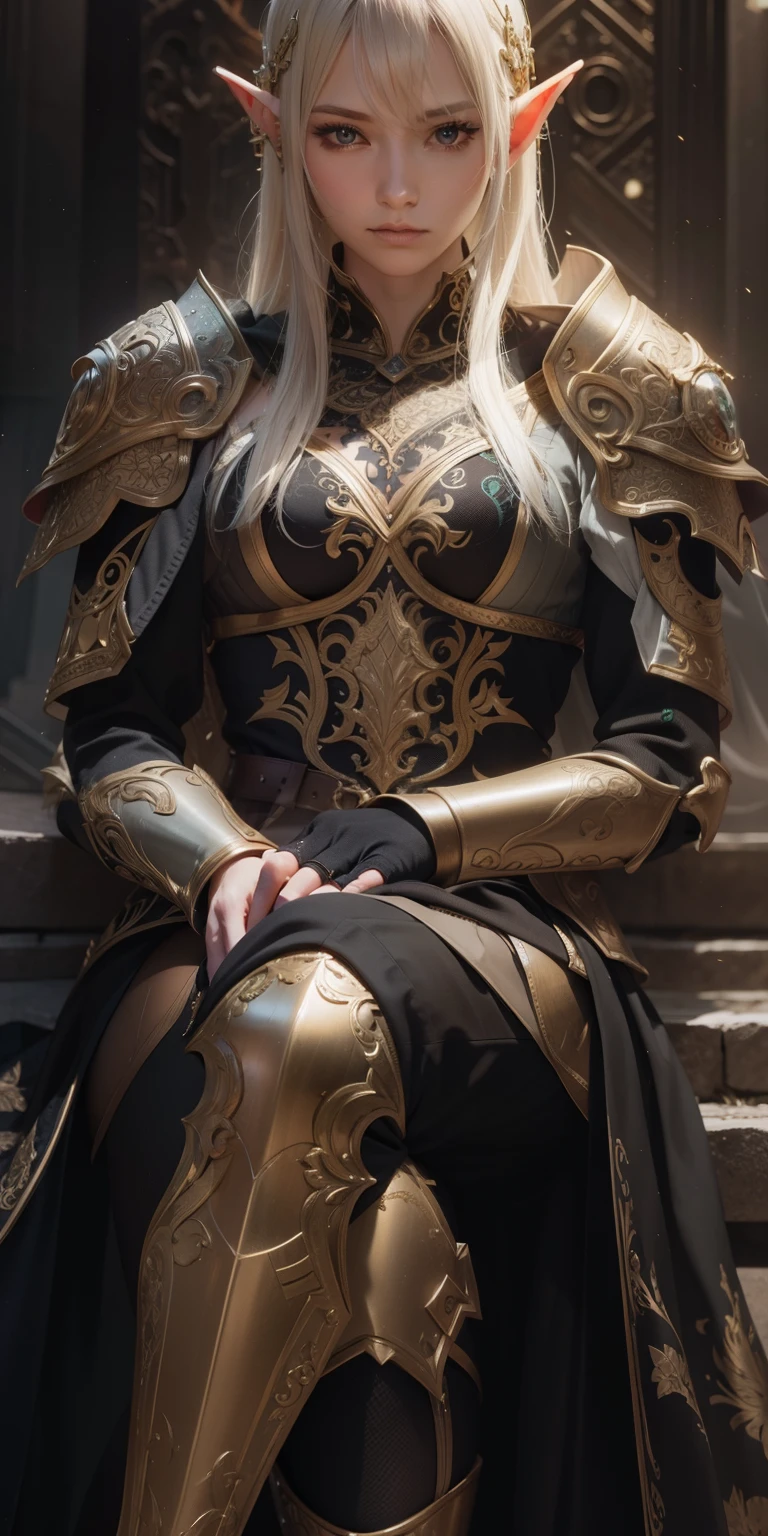 (masterpiece), beautiful elf girl sitting looking at the viewer (((top view))) in ornate black & golden celtic highly detailed armor & hero cape, Textured, Aesthetic, Elegant Perfectionism, 8k, (((in Final Fantasy aesthetic style))), (body focus), standing, 4k, UHD, best quality, perfect face, glowing