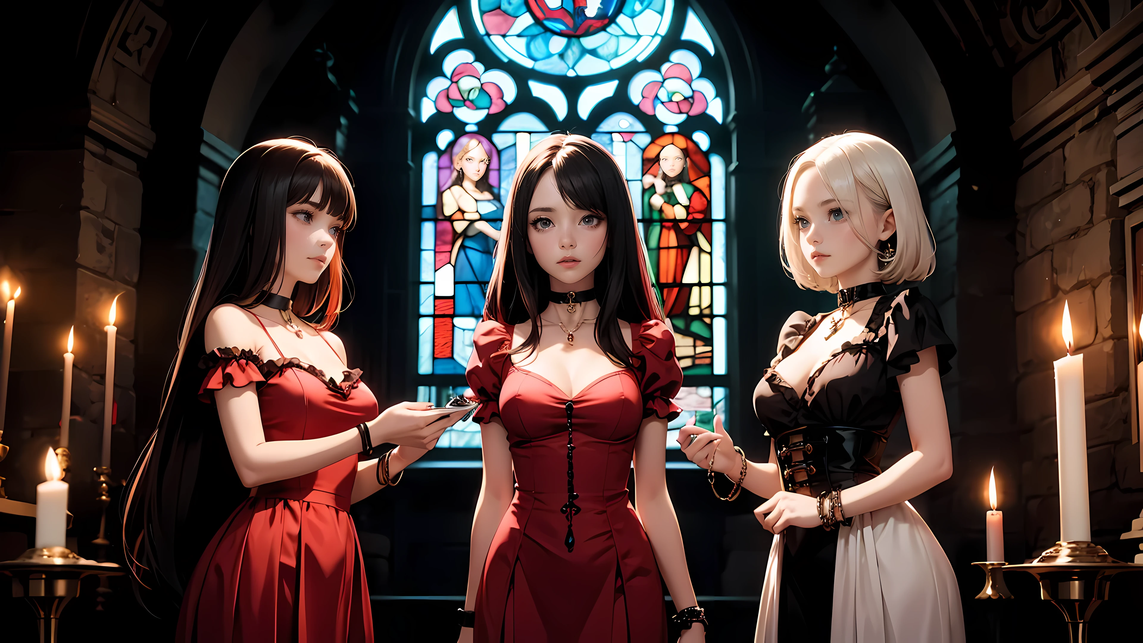 Three beautiful 30 year old women, three witches, detailed beautiful hair, detailed beautiful eyes, small breasts, red hair, black hair, white hair, choker collar, bracelets, long red dresses, standing, gothic mansion, Victorian mansion, dungeon, gothic stained glass window, candles, candlelight, dramatic lighting, cinematic lighting,