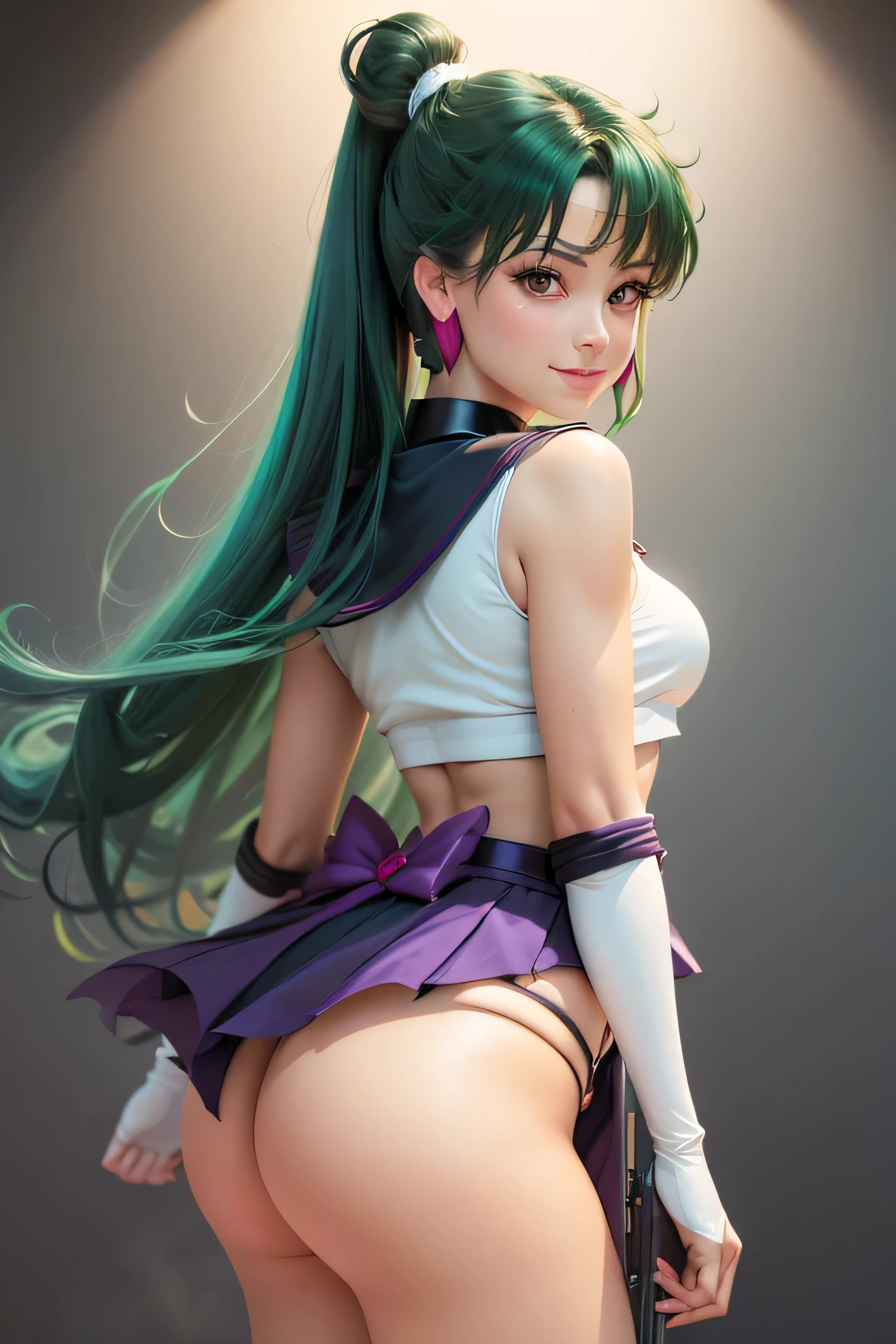 Masterpiece, Best Quality, High Resolution, 1girl, Solo, Ponytail, Green Hair, (Elbow Gloves), Headdress, Purple Bow, Tight Top, (Black Sailor Collar), White Gloves, Earrings, Smile, Pure Background, Clean Background, Purple Background, Black Skirt, (Sailor Mars Uniform), (Sailor Venus Uniform), Standing, Leng Jun, White Top, Elbow Gloves, short skirt, in back pose, show her booty, wind lifting her skirt and show her booty in thong., FOCUS ON HER ASS