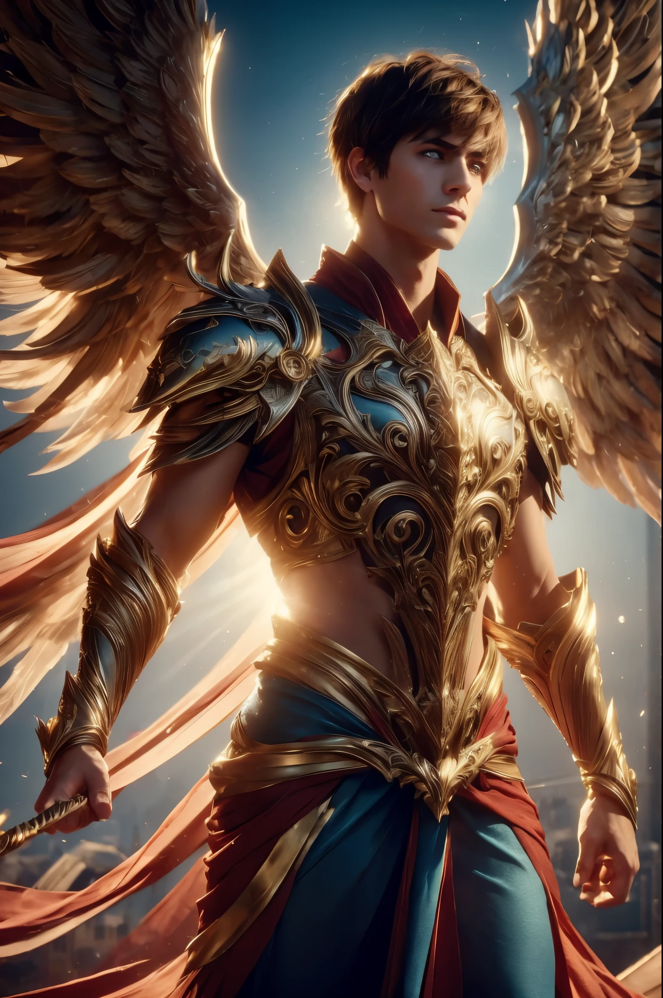 WINGED MAN, SAINT MAN, short fringe HAIR, BROWN HAIR, HUGE BROWN FEATHERS, LONG BLUE DRESS, PALE SKIN, BLUE EYES, LIGHTING EYES, ROSY CHEEKS, MENTAL FORAMEN, ATHLETIC BODY, MUSCLES, LIGHTING AURA, GOLD BRACELETS, GOLD GAUNTLETS, BACKLIGHTS, SUN, RIVER, SAINT MAN, FRONT BODY VIEW, ANGEL FROM HEAVEN