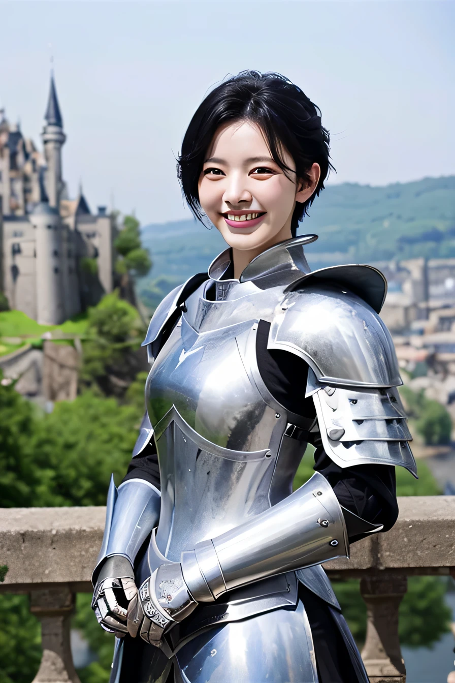 8K、highest quality、female knight、The background is a castle、Luxurious Silver Armor、heavy equipment、black hair、hairstyle shortcut、smile、beautiful teeth、full body photo、ear piercing