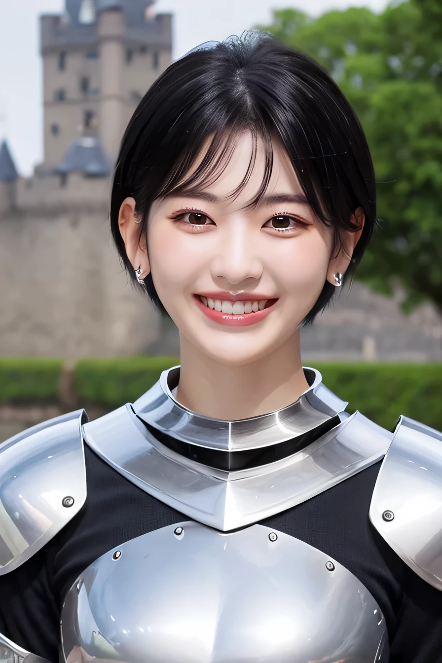 highest quality、4K、The background is a castle、slender body shape、female knight、black hair、smile、beautiful teeth、hairstyle short cut、ear piercing、full body photo、luxurious silver armor、