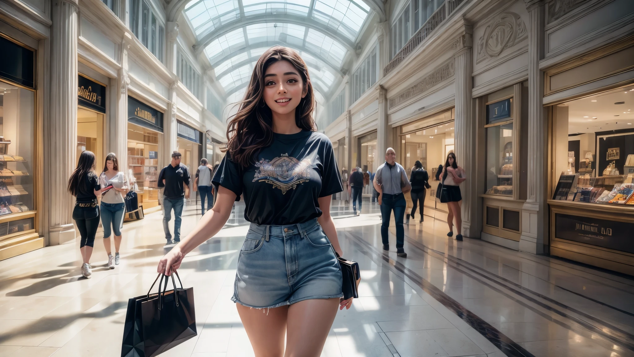 (best quality,4k,8k,highres,masterpiece:1.2),ultra-detailed, College Girl shopping in a mall, strutting her stuff, Smiling and laughing, Flirting with the viewer, HDR, 8k, absurdres, cinestill 800, sharp focus, add_detail:3 (solo woman) VioletMyers