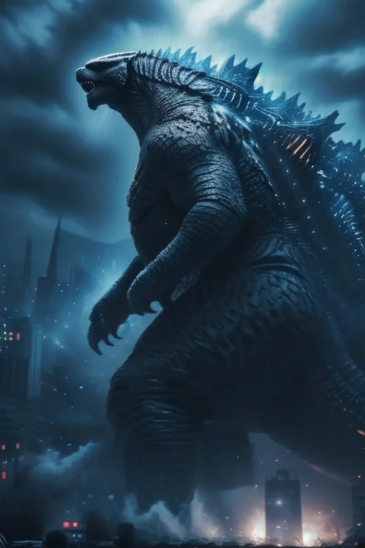 masterpiece, best quality, very aesthetic, cloudy daylight,
GodzillaXP, monster, godzilla,  full body shot from side, looking at the viewer, blue eyes, yellow spines, 
in city center, fire, explosion,