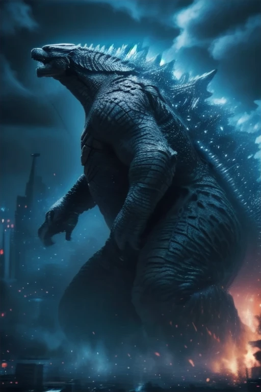 masterpiece, best quality, very aesthetic, cloudy daylight,
GodzillaXP, monster, godzilla,  full body shot from side, looking at the viewer, blue eyes, yellow spines, 
in city center, fire, explosion,