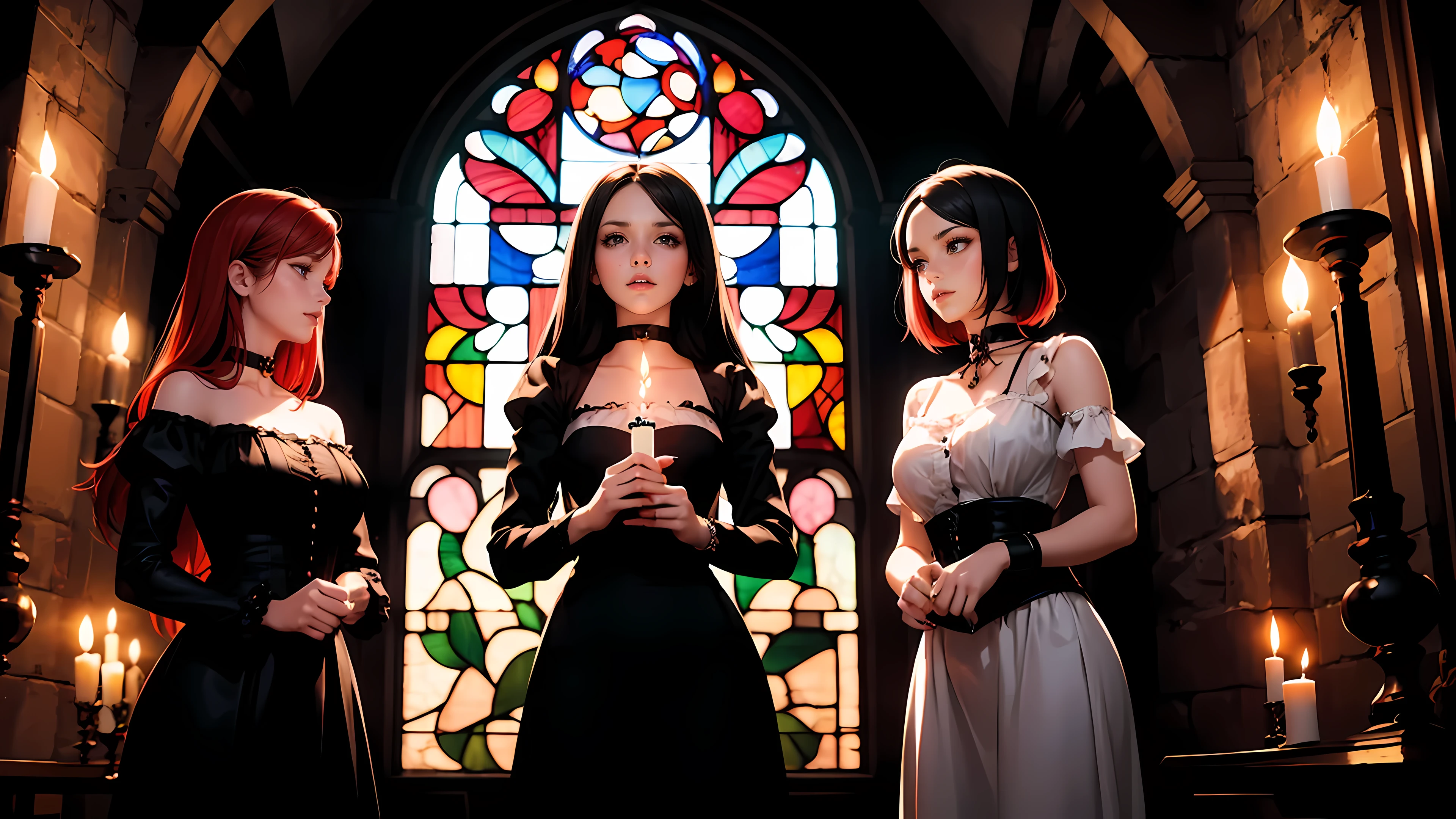 Three beautiful 30 year old women, three witches, red hair, black hair, white hair, choker collar, bracelets, long black dresses, standing, gothic mansion, Victorian mansion, dungeon, gothic stained glass window, candles, candlelight, dramatic lighting, cinematic lighting,
