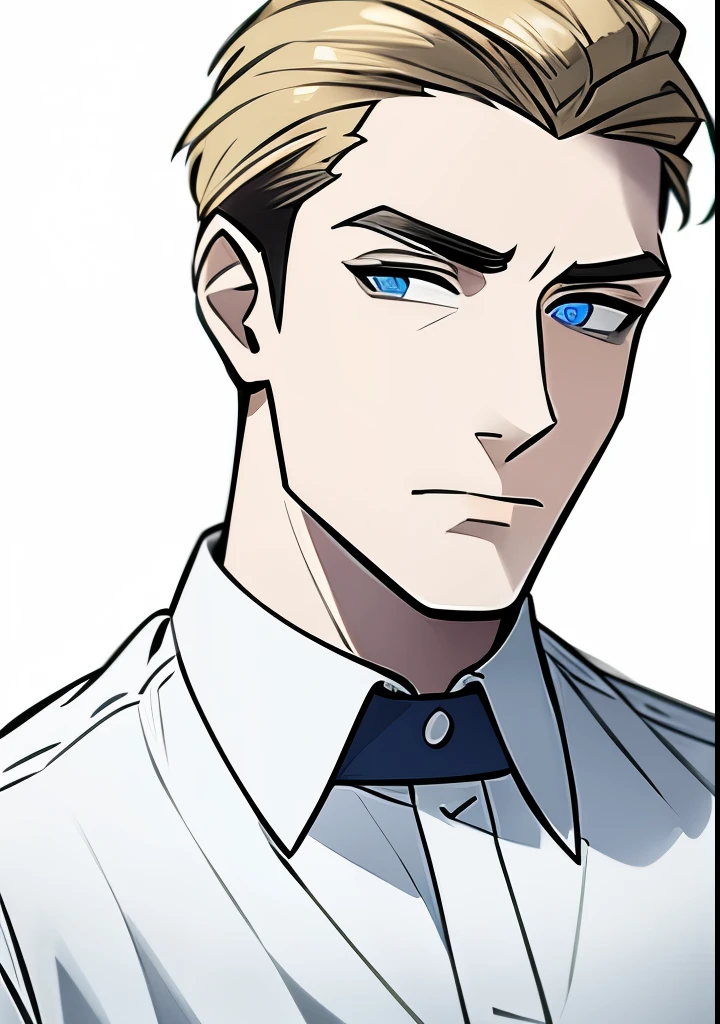 Young Adult male, white and tender skin, pale blonde slicked back combed short hair, kaiser mustache, ducktail beard, steel blue eyes, green and slightly mature, serious and emotionless facial expression, wearing white bottom long sleeve shirt with collar, portrait style, facing forwards