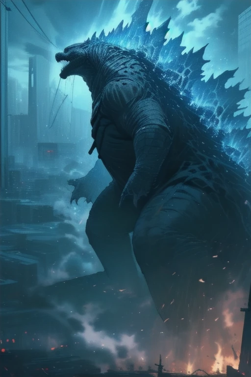 masterpiece, best quality, very aesthetic, cloudy daylight,
GodzillaXP, monster, godzilla,  full body shot from side, looking at the viewer, blue eyes, yellow spines, 
in city center, fire, explosion,