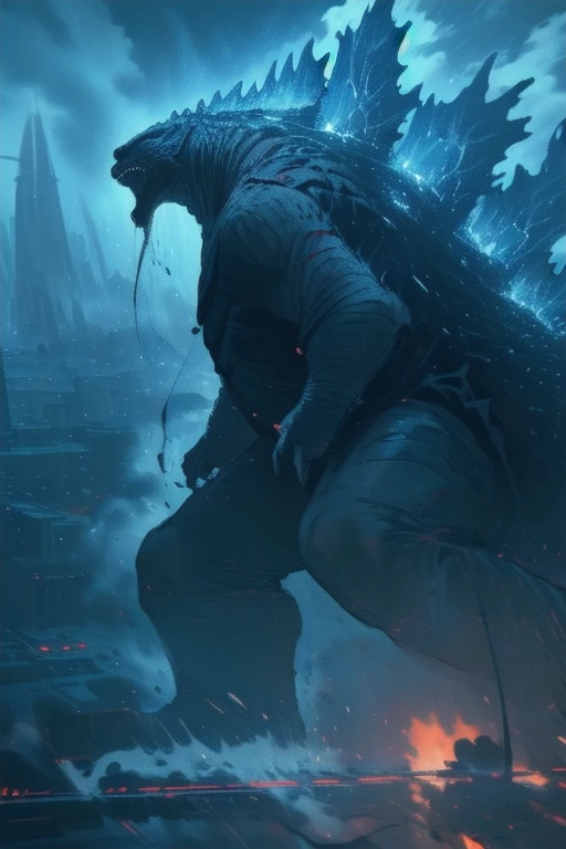 masterpiece, best quality, very aesthetic, cloudy daylight,
GodzillaXP, monster, godzilla,  full body shot from side, looking at the viewer, blue eyes, yellow spines, 
in city center, fire, explosion,