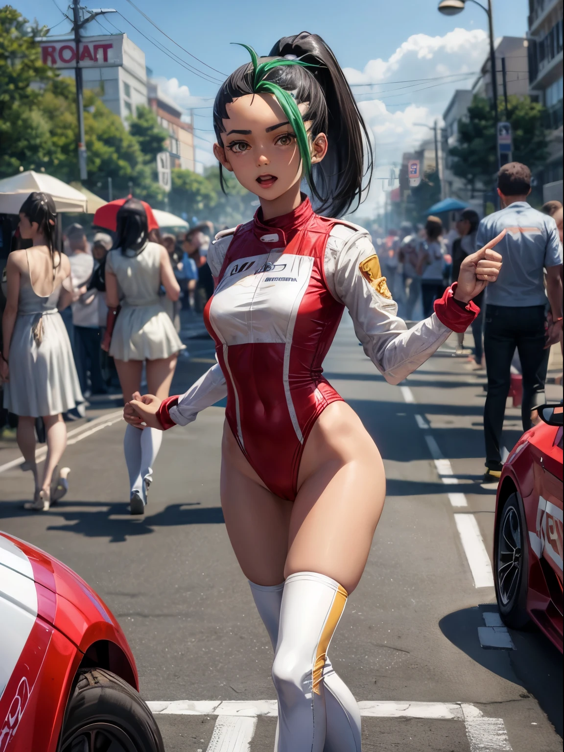 top-quality、Full limbs、complete fingers、1girl、((one beautiful women、solo))、Nemona, brown eyes, black hair, ponytail, brown skin, green streak in side bangs, freckles, Race Queen Costume、Woman in red and white leotard with logo、Red arm cover、Tricolor parasol standing、Woman in long white boots、F1 Circuit、Formula 1、F1、racing car
