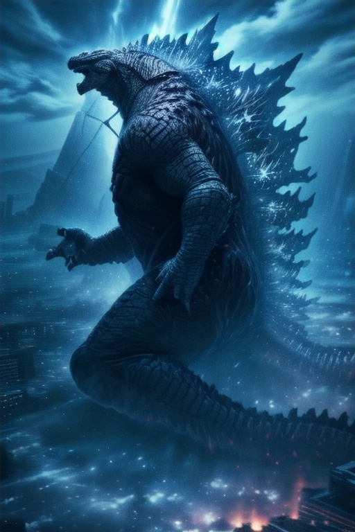 masterpiece, best quality, very aesthetic, cloudy daylight,
GodzillaXP, monster, godzilla,  full body shot from side, looking at the viewer, blue eyes, yellow spines, 
in city center, fire, explosion,