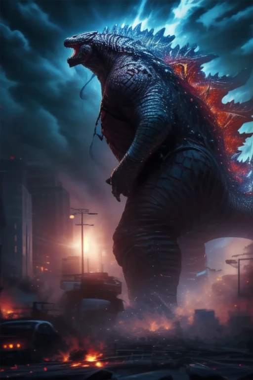 masterpiece, best quality, very aesthetic, cloudy daylight,
GodzillaXP, monster, godzilla,  full body shot from side, looking at the viewer, blue eyes, yellow spines, 
in city center, fire, explosion,