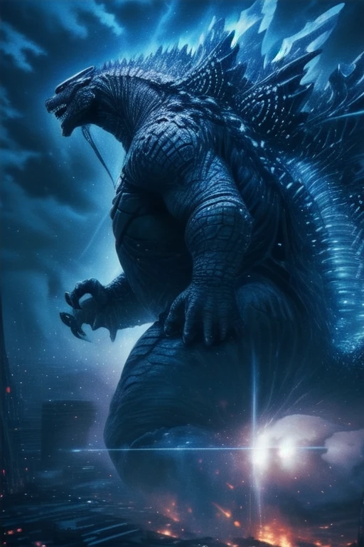 masterpiece, best quality, very aesthetic, cloudy daylight,
GodzillaXP, monster, godzilla,  full body shot from side, looking at the viewer, blue eyes, yellow spines, 
in city center, fire, explosion,