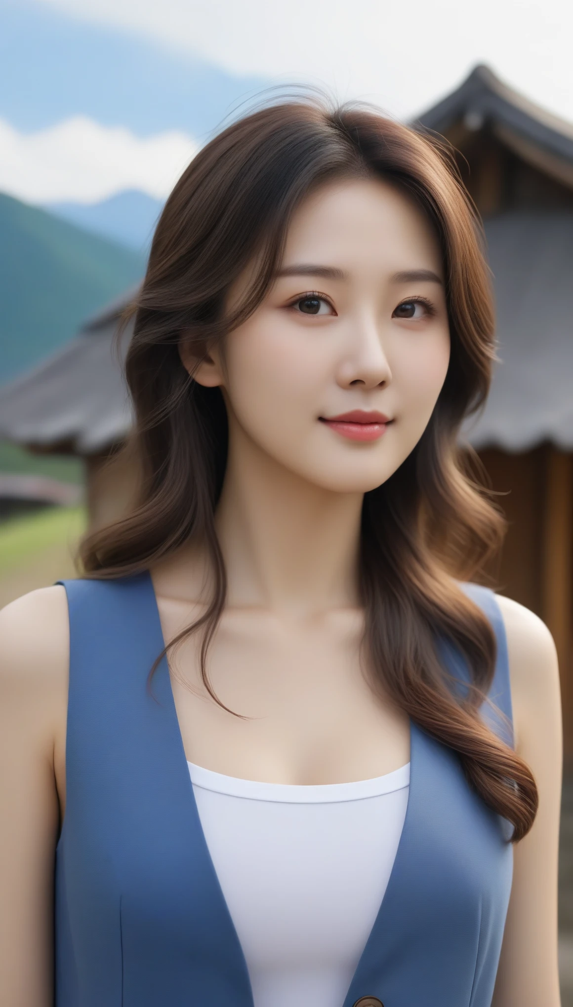 Close-up shot of beautiful korean female, 34 inch breasts size, wavy hair, slightly smile, looking side, wearing vest, in front of the hut on the mountain, UHD