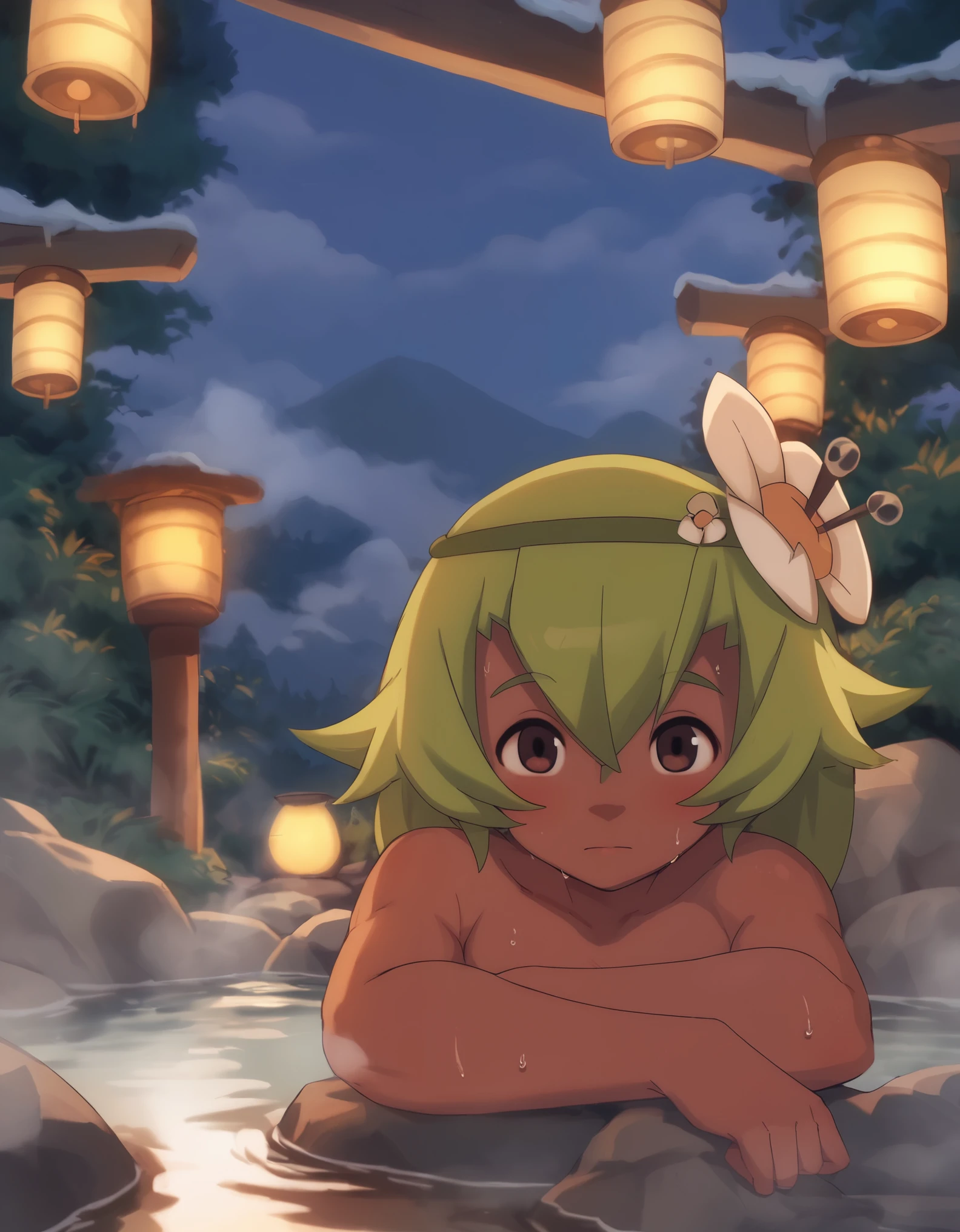 score_9, score_8_up, score_7_up, anime screenshot, looking at viewer, clouds 1girl, amalia sheran sharm, green hair, green hairband, hair ornament, hair flower, dark skin, brown eyes,, onsen, water, thermal source, submerged, steam, outdoors, rocks, bushes, grass, night, lantern, looking at viewer, sweating