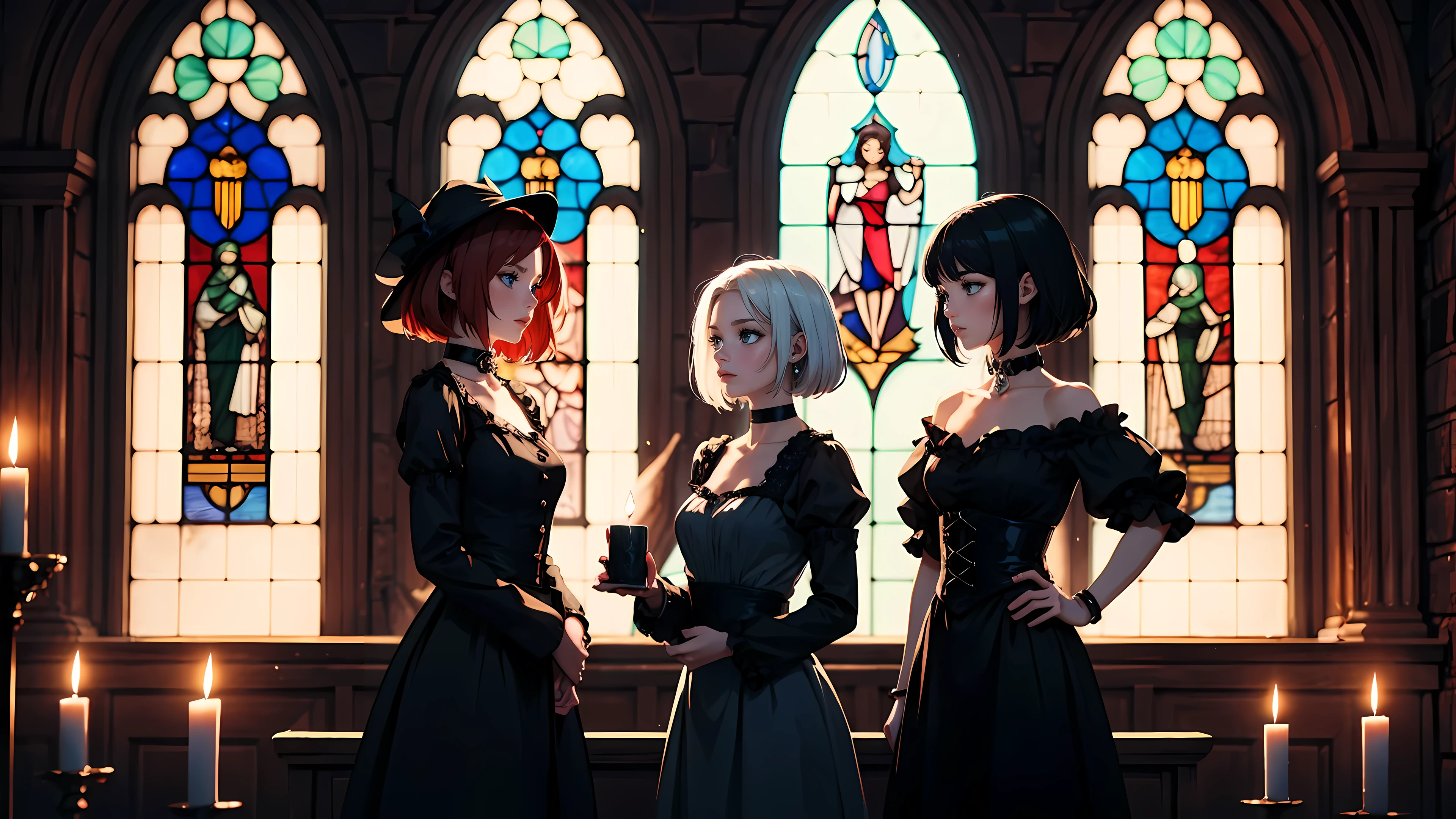 Three beautiful 30 year old women, three witches, red hair, black hair, white hair, choker collar, bracelets, long black dresses, standing, gothic mansion, Victorian mansion, dungeon, gothic stained glass window, candles, candlelight, dramatic lighting, cinematic lighting,
