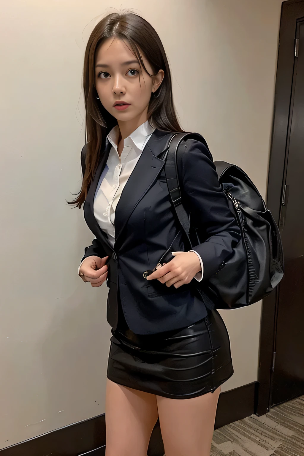 ((masterpiece:1.4))、((muste piece:1.4))、((long black hair woman:1.4))、((wearing a black office skirt:1.4))、((Standing in hotel bedroom:1.4))、 ((cowboy shot:1.4))、((Wearing a white long-sleeved collared dress shirt:1.4))、((wearing a black office blazer女性:1.4))、((small breast:1.4))、((Short black office skirt that highlights your thighs:1.4))、((wearing a black office blazer:1.4))、((wearing a neat office blazer:1.4)), ((look at the audience:1.4))、((A woman with a scared expression:1.4))、((Brown backpack:1.4))